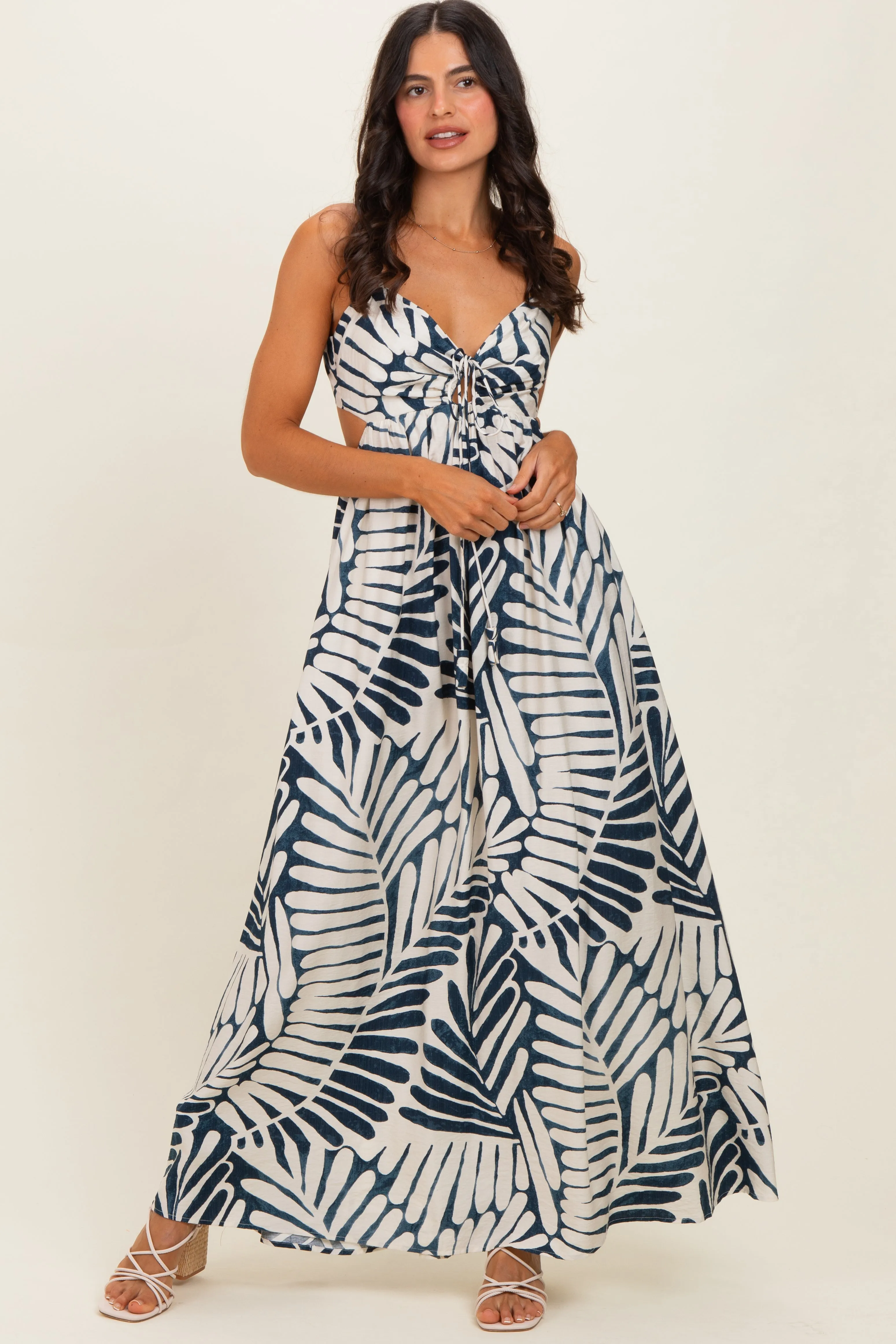 Navy Printed Cutout Tie Back Maxi Dress sold by Pinkblush