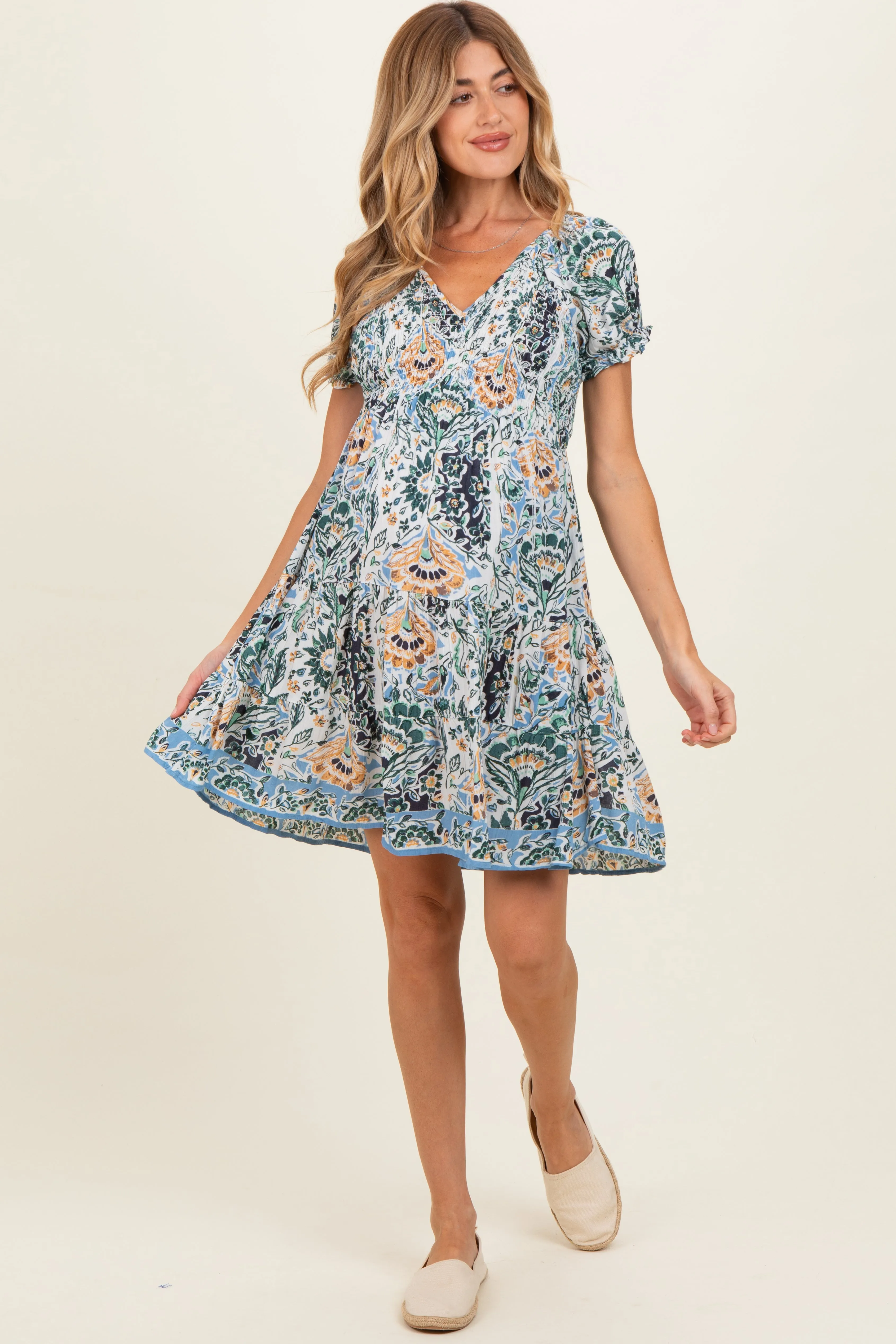 Blue Green Floral Smocked V-Neck Puff Sleeve Maternity Dress sold by Pinkblush product image thumbnail 2