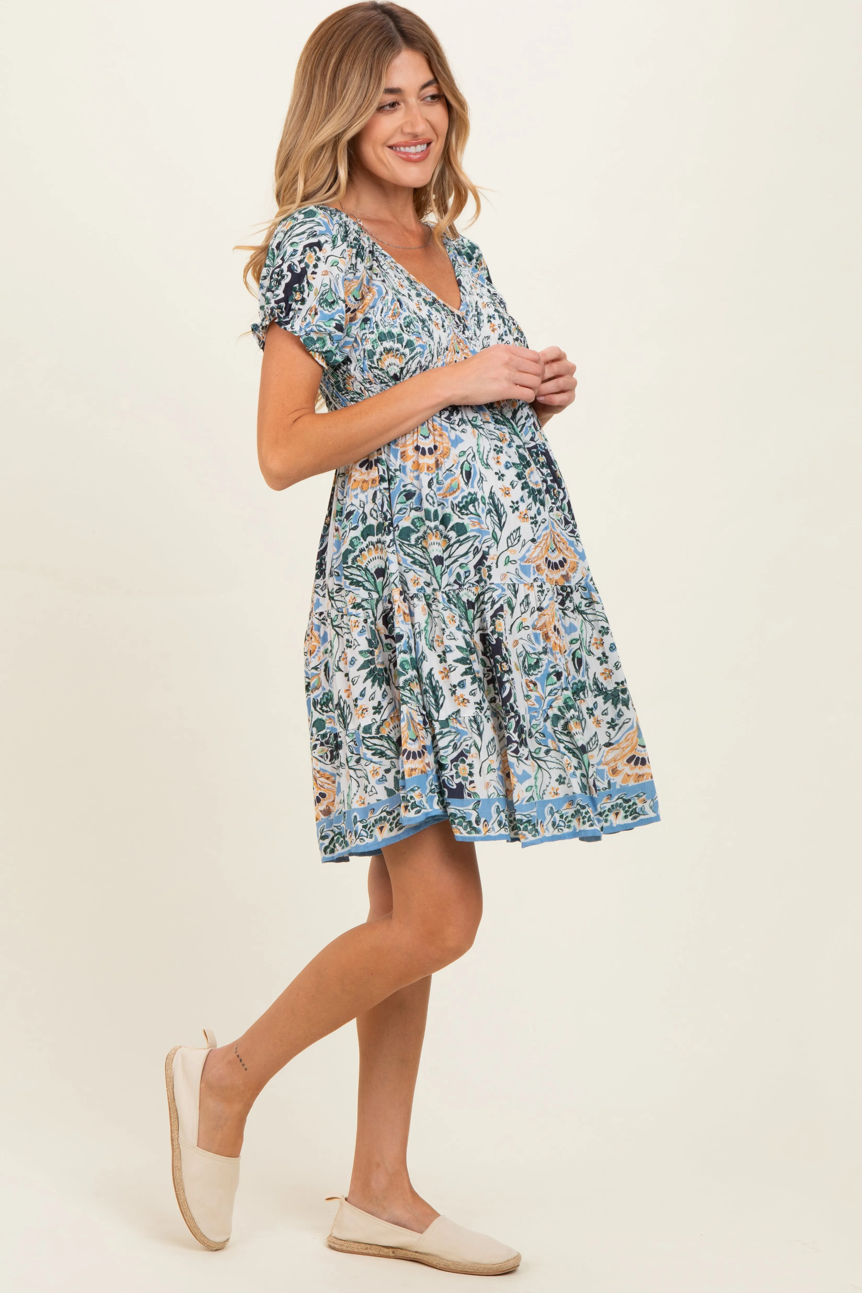 Blue Green Floral Smocked V-Neck Puff Sleeve Maternity Dress sold by Pinkblush product image thumbnail 3