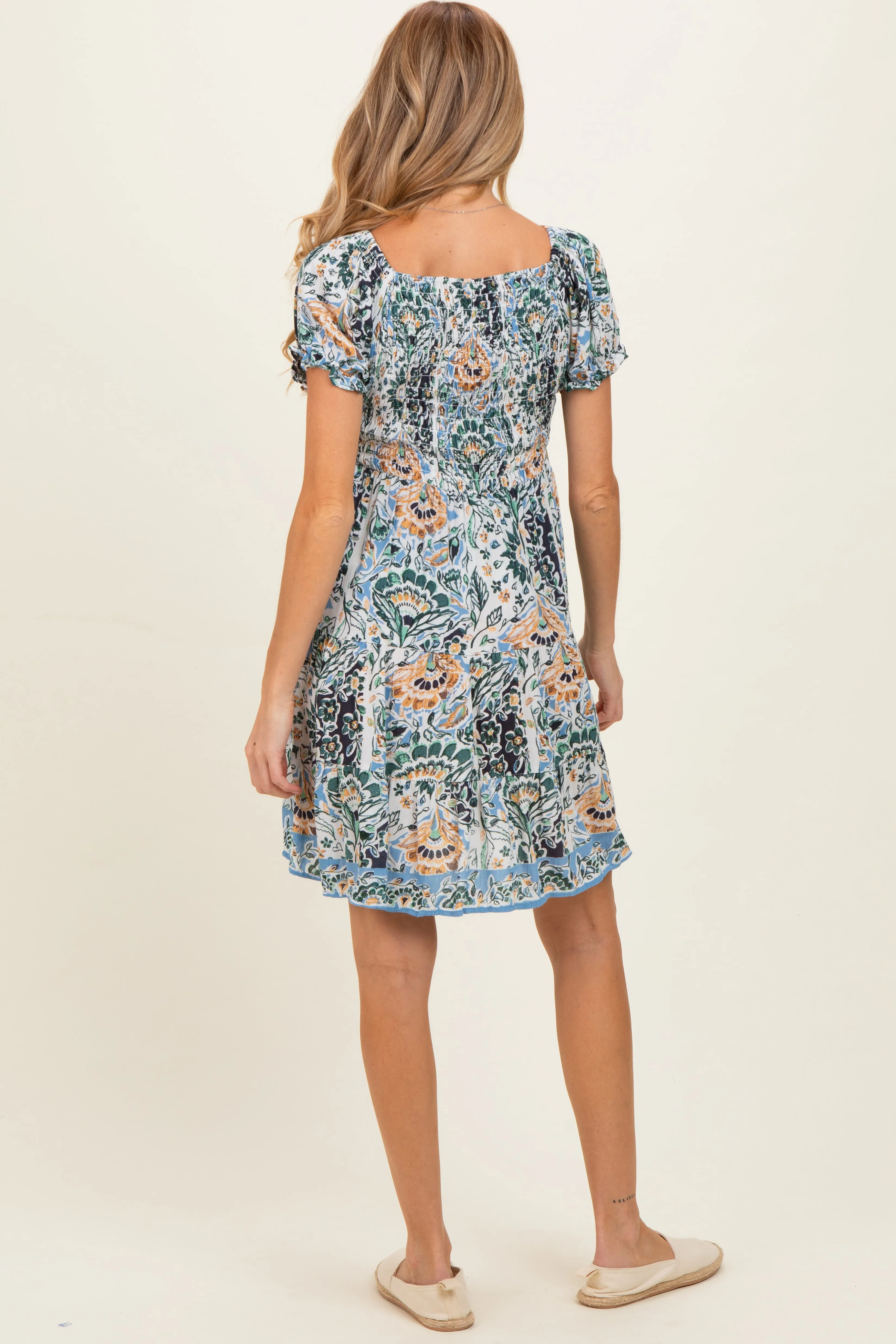 Blue Green Floral Smocked V-Neck Puff Sleeve Maternity Dress sold by Pinkblush product image thumbnail 4