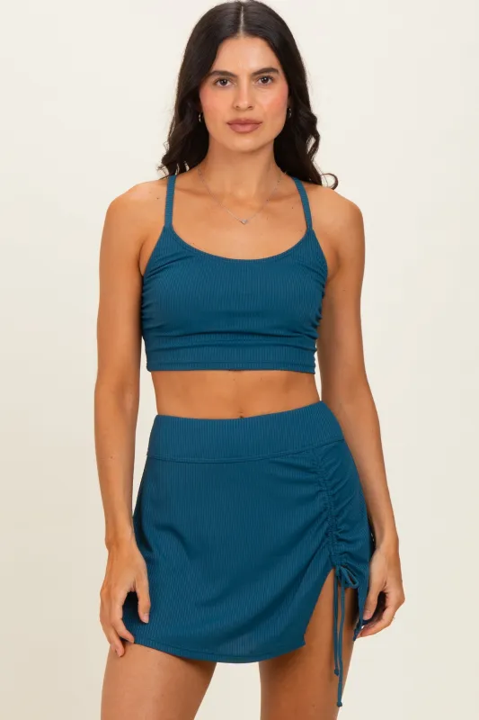Teal Ribbed Crop Tank Swim Skirt Set made by Pinkblush