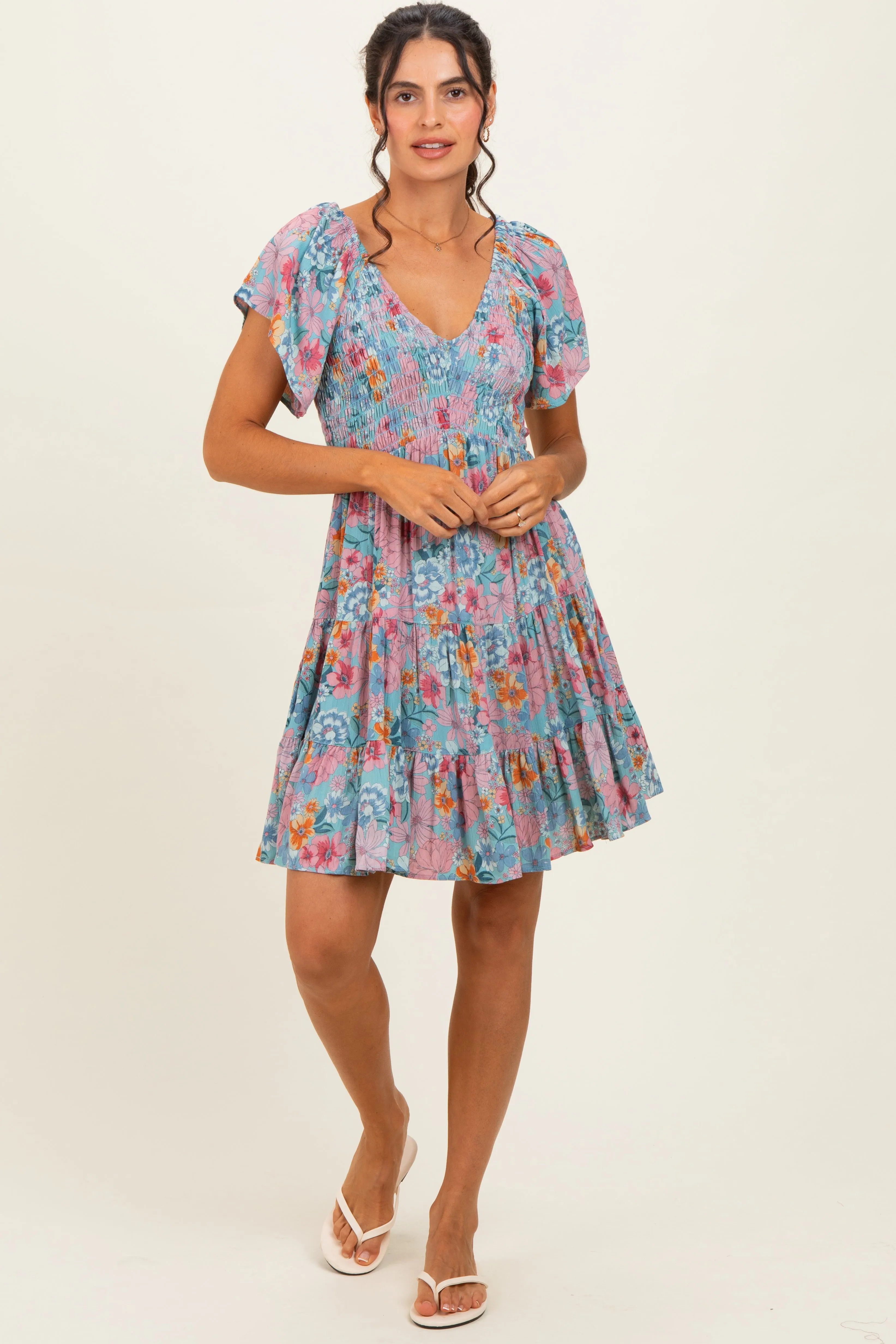 Teal V Neck Smocked Bust Short Sleeve Short Dress sold by Pinkblush product image thumbnail 2
