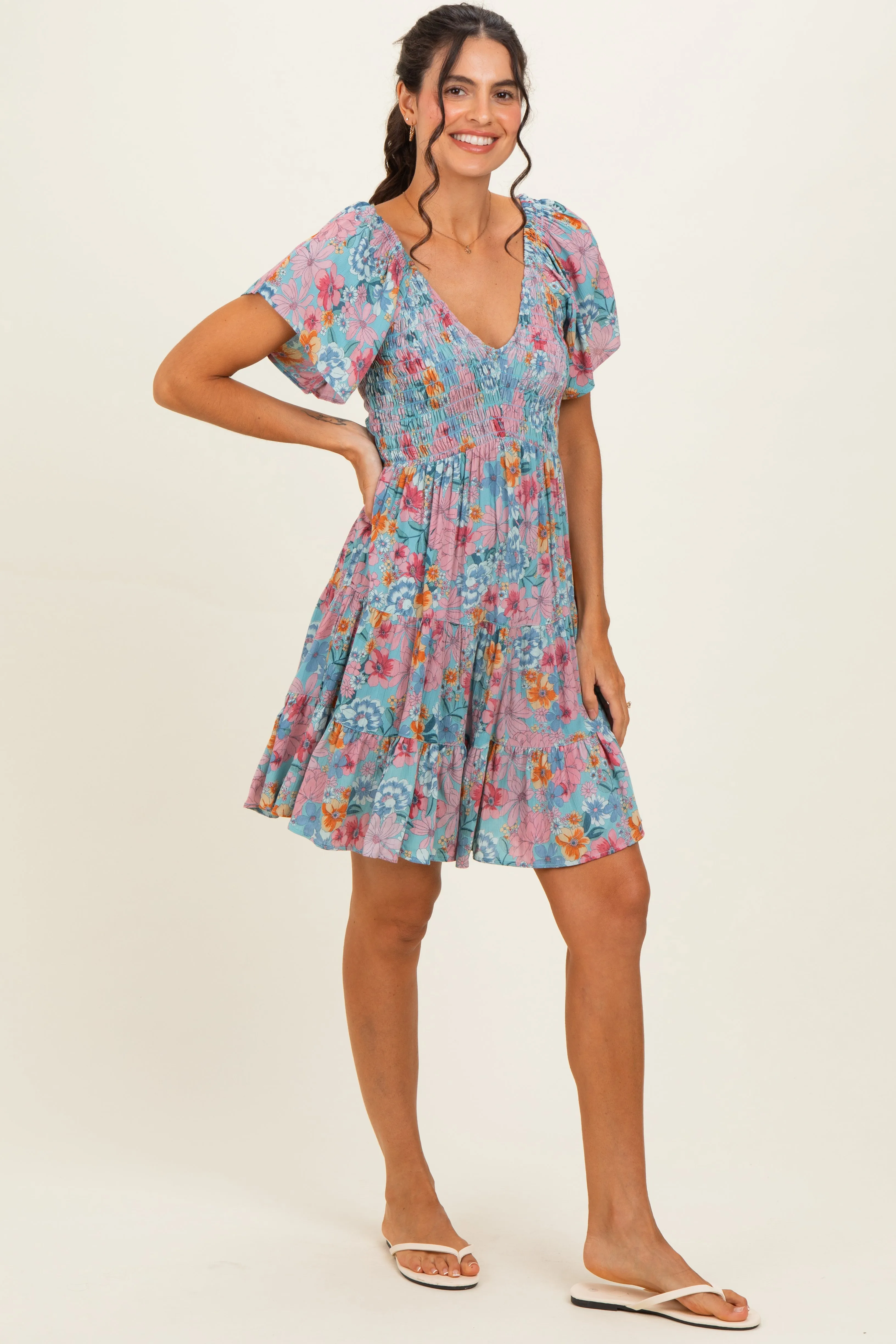 Teal V Neck Smocked Bust Short Sleeve Short Dress sold by Pinkblush product image thumbnail 3