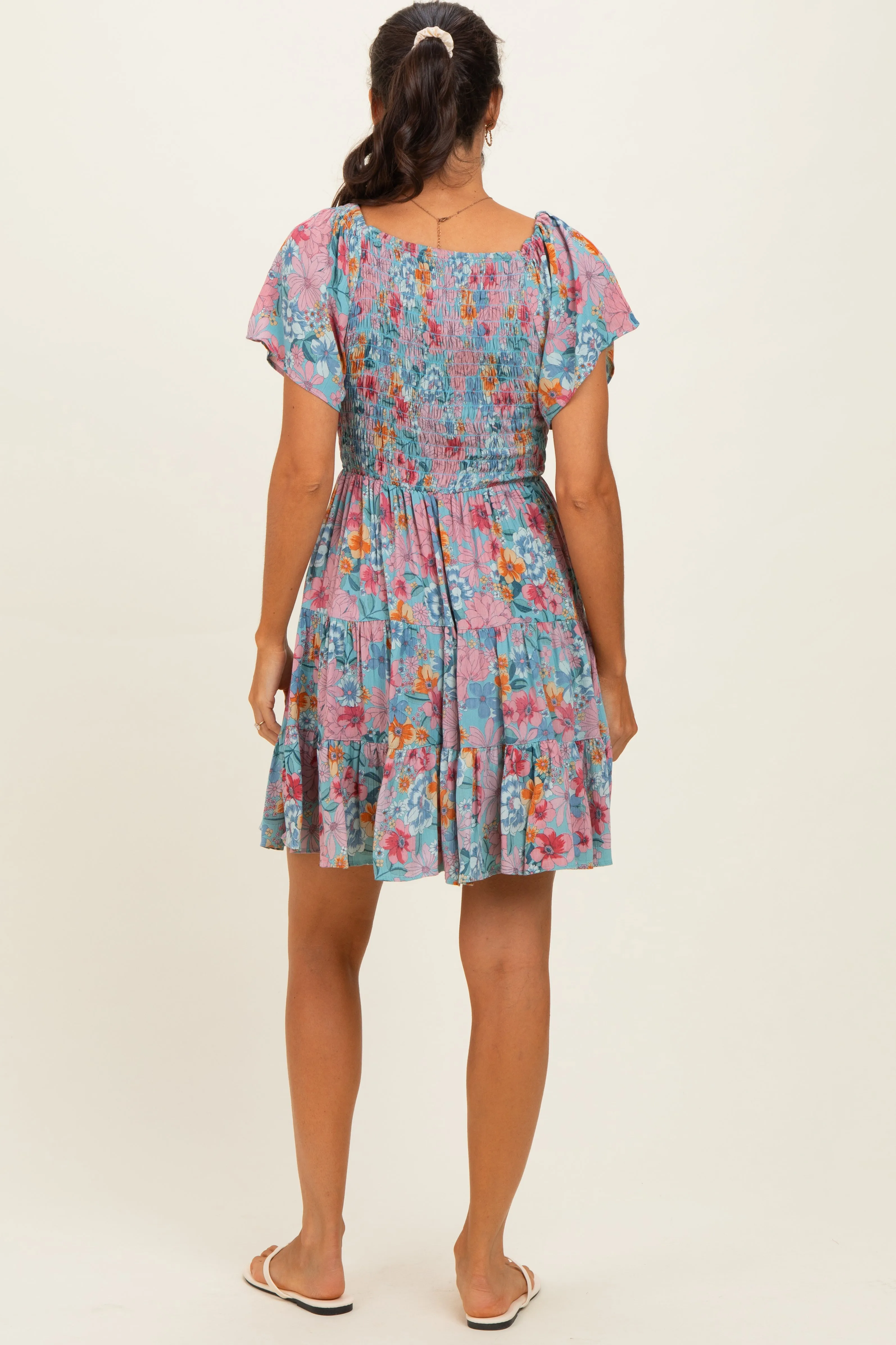 Teal V Neck Smocked Bust Short Sleeve Short Dress sold by Pinkblush product image thumbnail 4