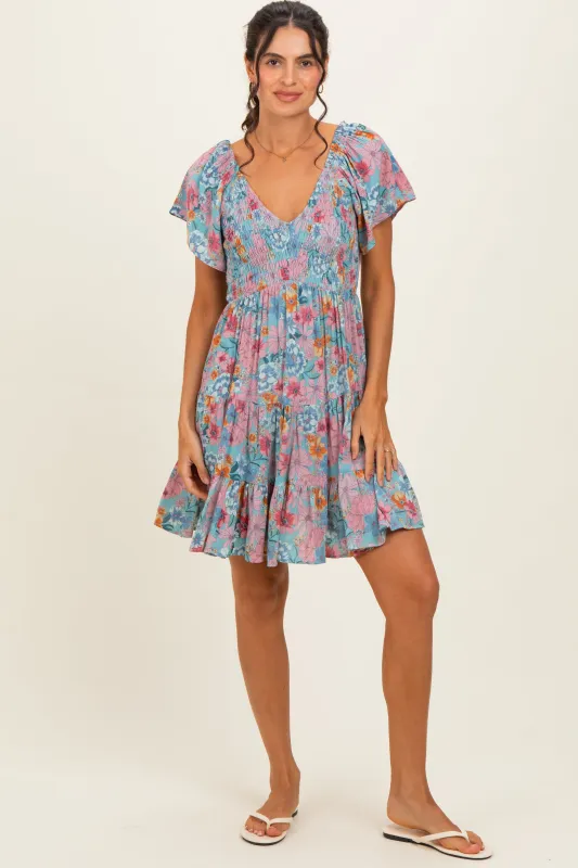 Teal V Neck Smocked Bust Short Sleeve Short Dress made by Angie