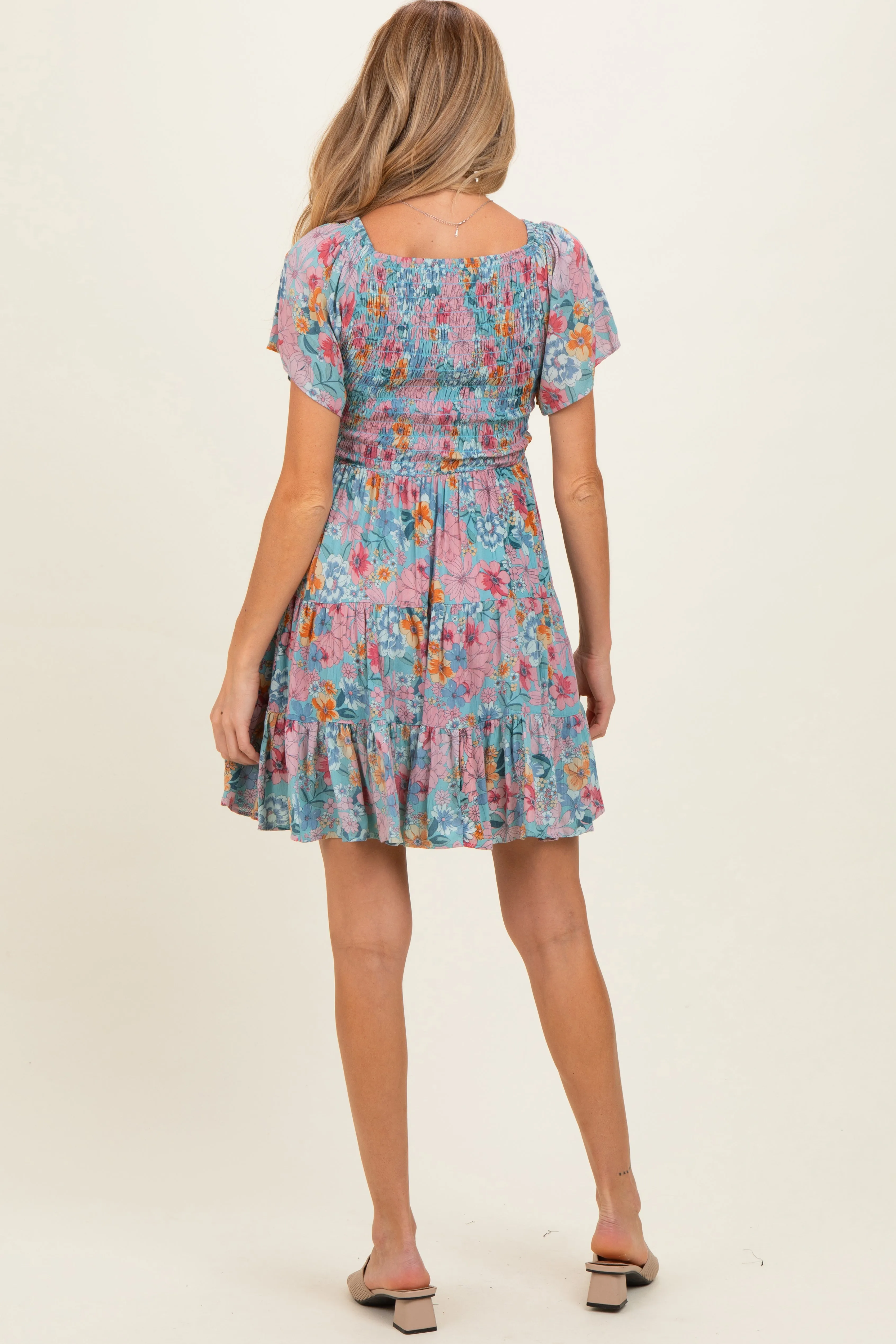 Teal V Neck Smocked Bust Short Sleeve Short Maternity Dress sold by Pinkblush product image thumbnail 4