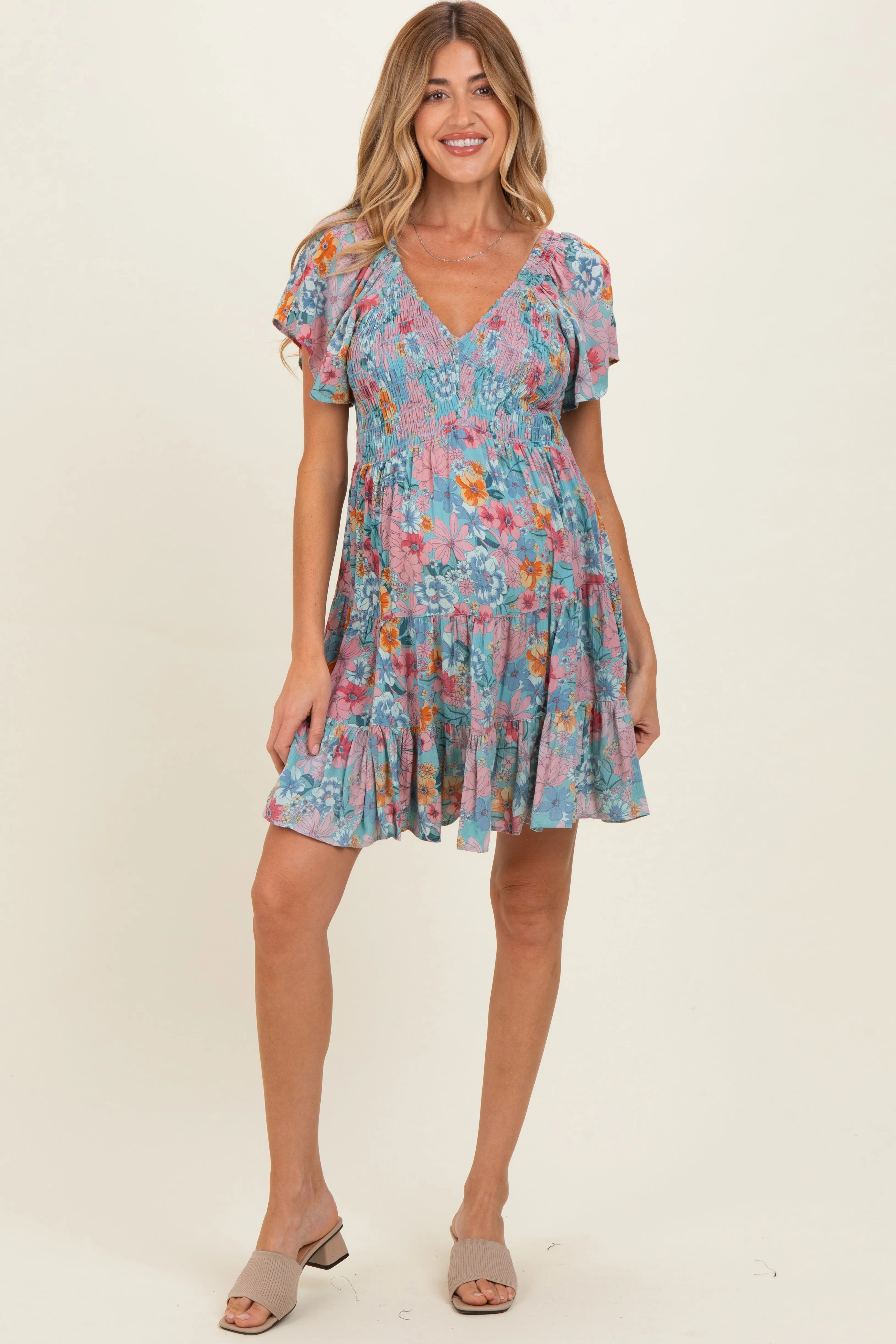 Teal V Neck Smocked Bust Short Sleeve Short Maternity Dress sold by Pinkblush product image thumbnail 2