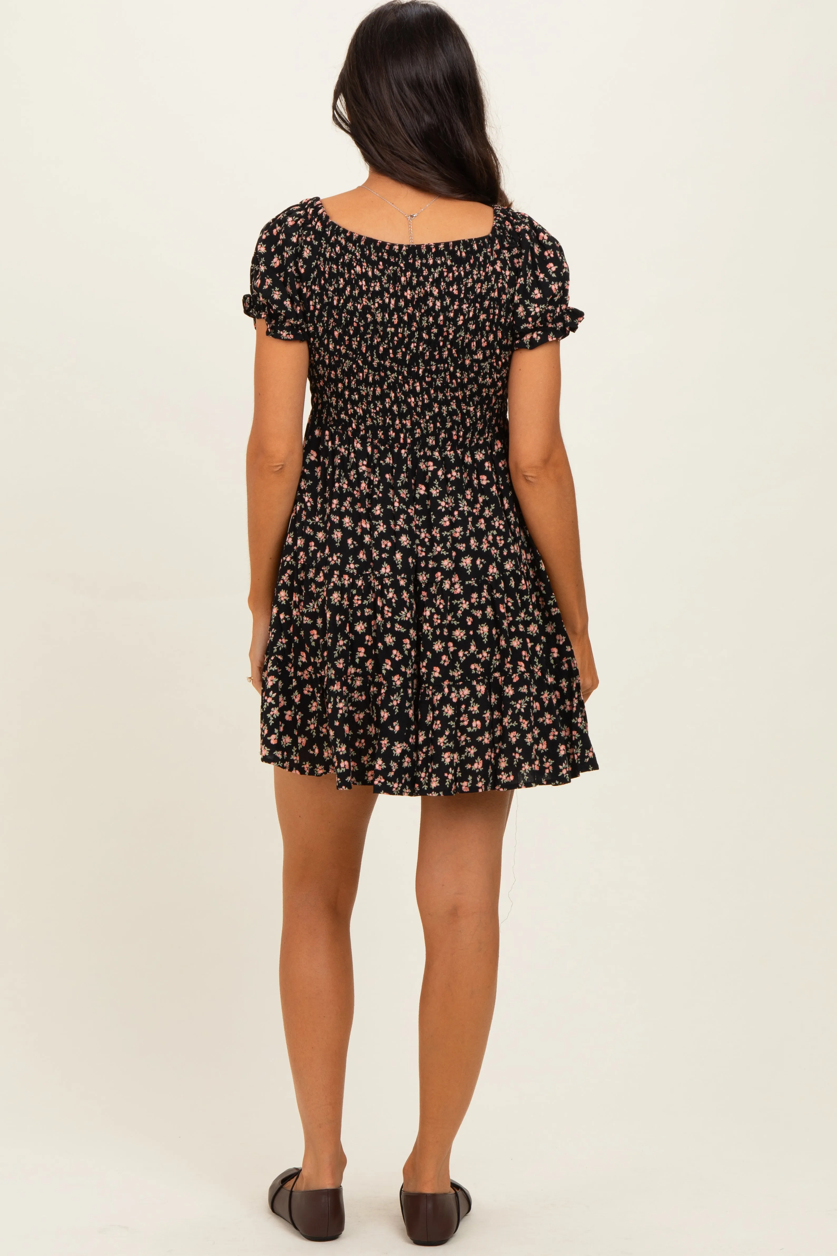 Black Floral Smocked V-Neck Puff Sleeve Dress sold by Pinkblush product image thumbnail 4