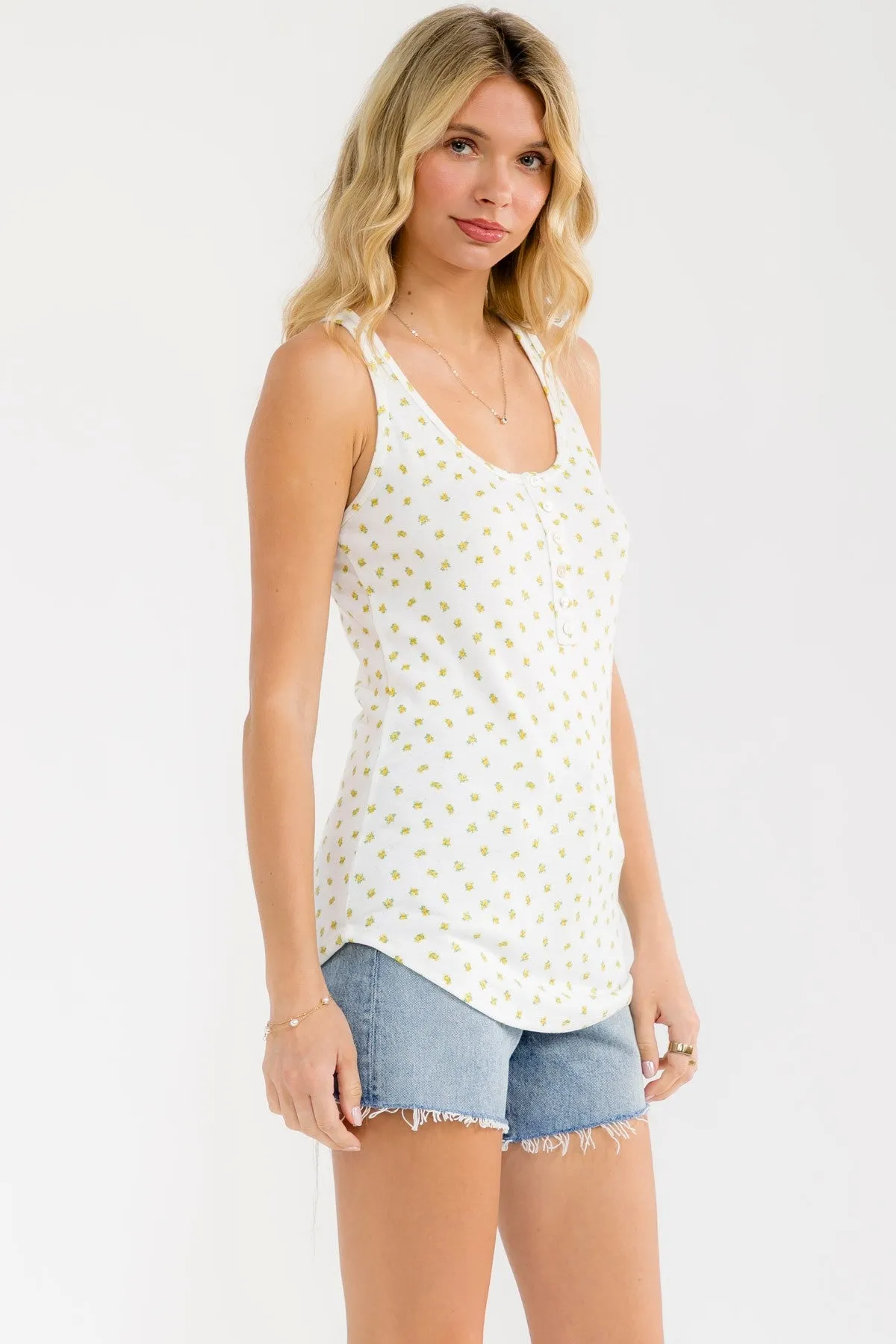 Mustard Floral Pointelle Knit Button Tank Top sold by Pinkblush product image thumbnail 4