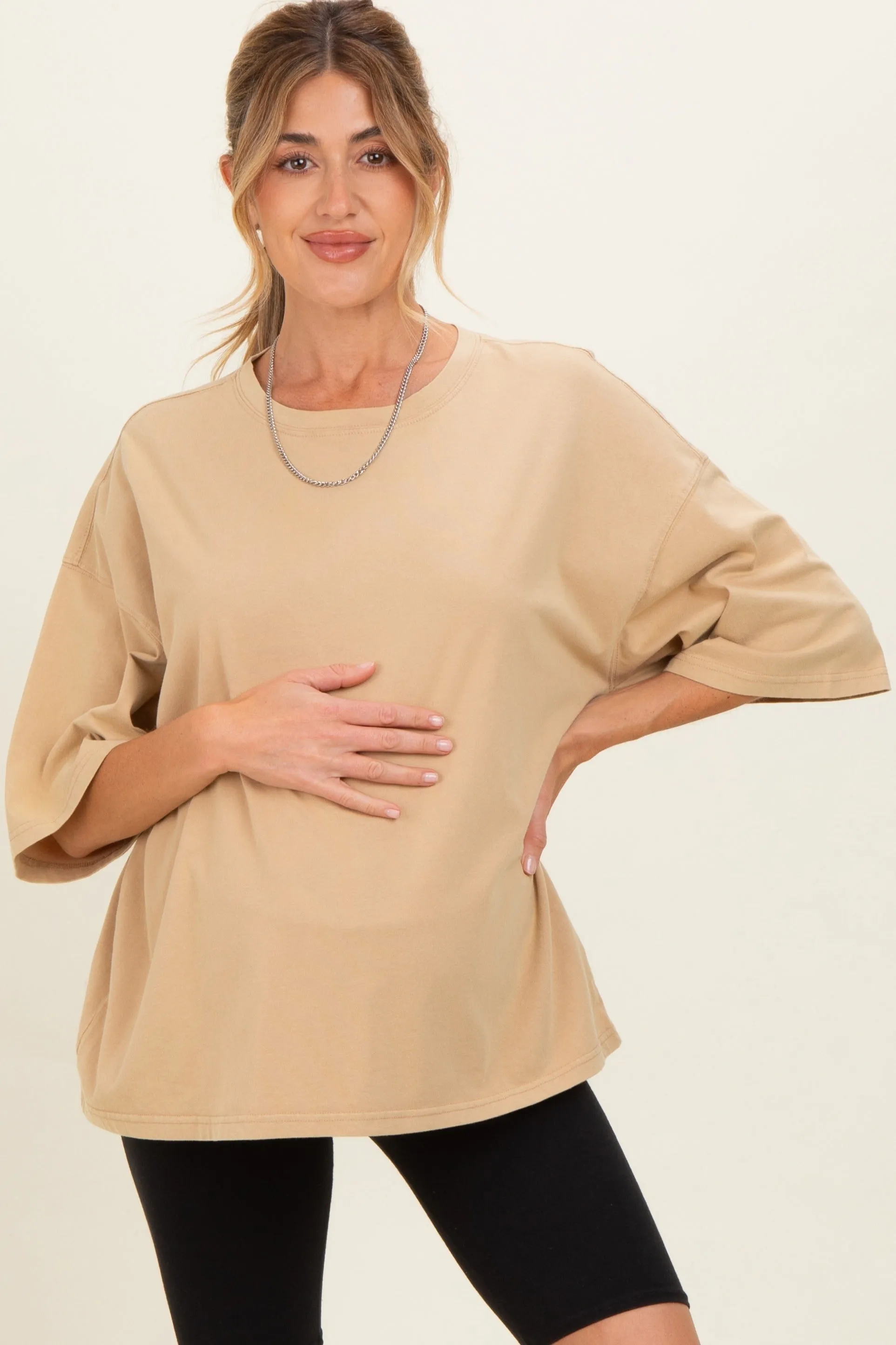 Beige Washed Oversized Crew Neck Maternity Top sold by Pinkblush product image thumbnail 2