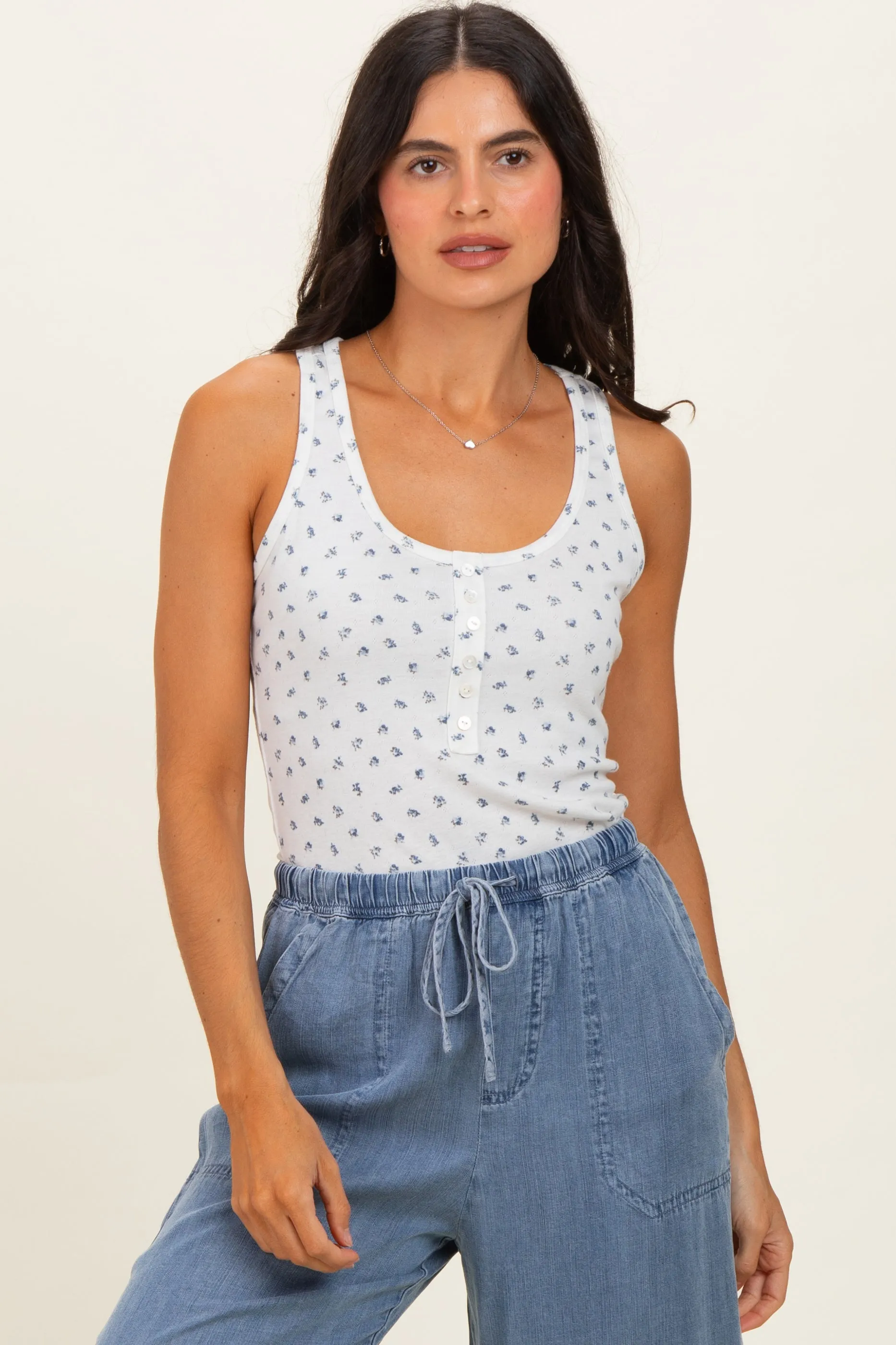 Blue Floral Pointelle Knit Button Tank Top sold by Pinkblush product image thumbnail 2