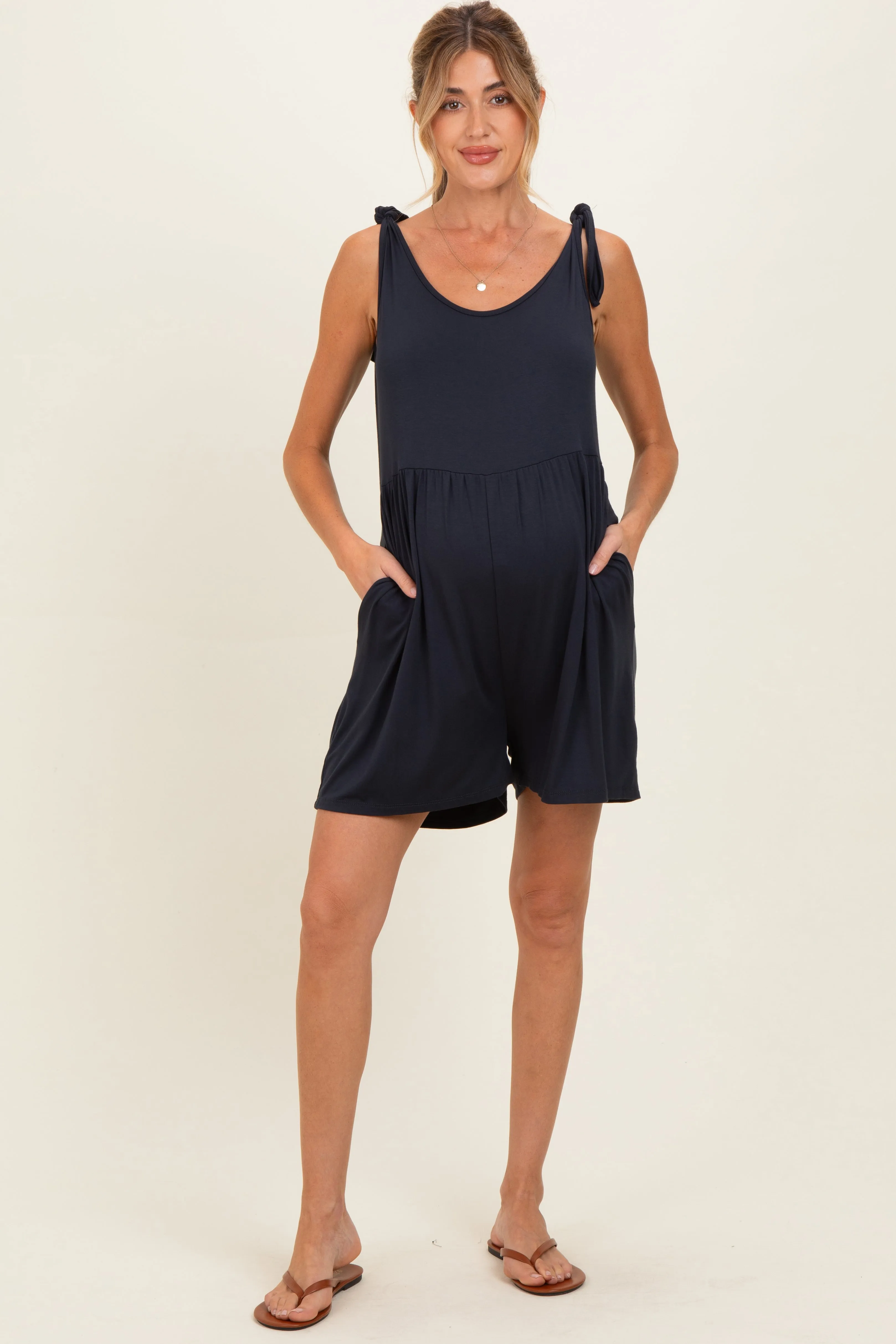 Navy Knot Strap Maternity Romper sold by Pinkblush