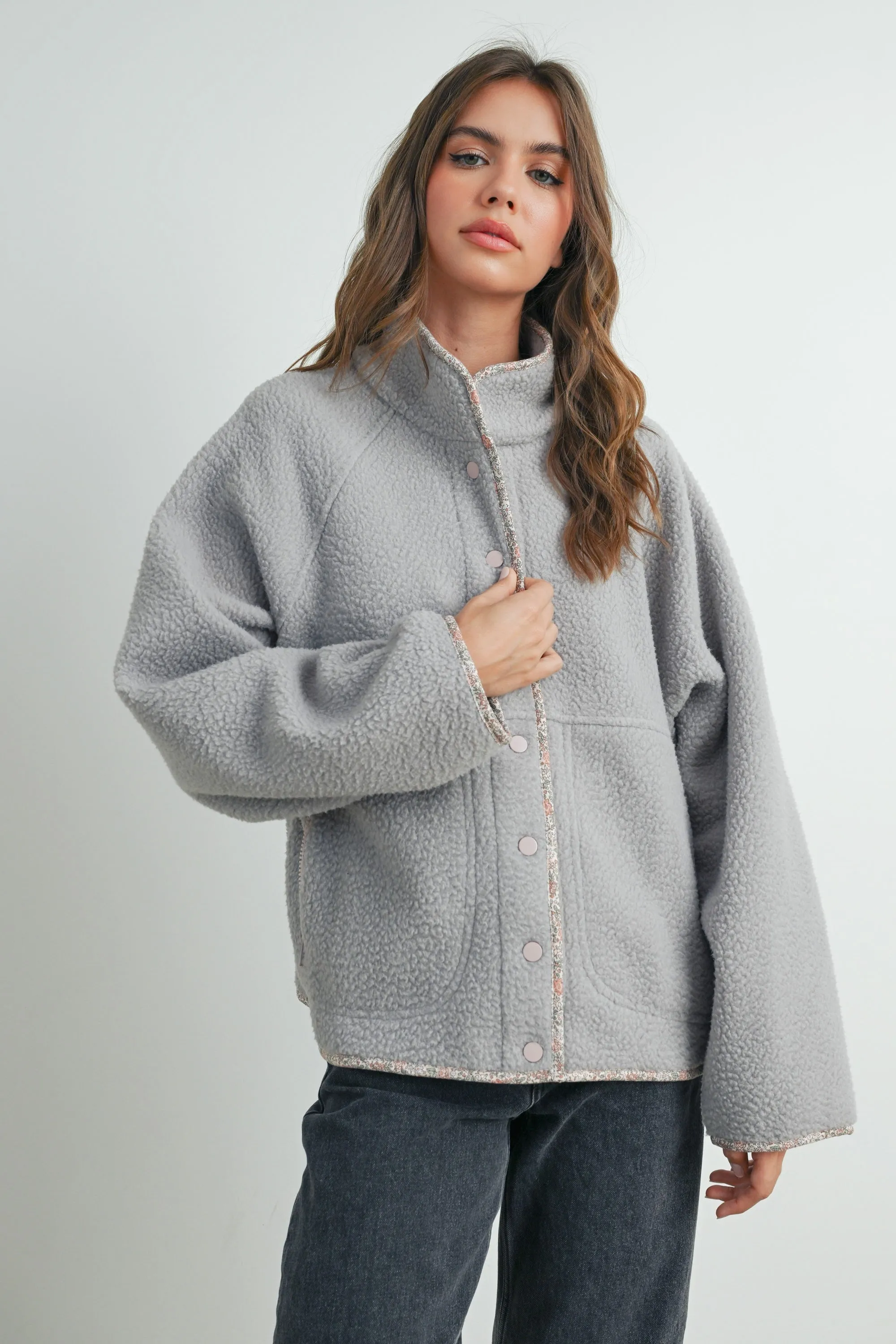 Grey Floral Trim Fleece Snap Button Jacket sold by Pinkblush product image thumbnail 3
