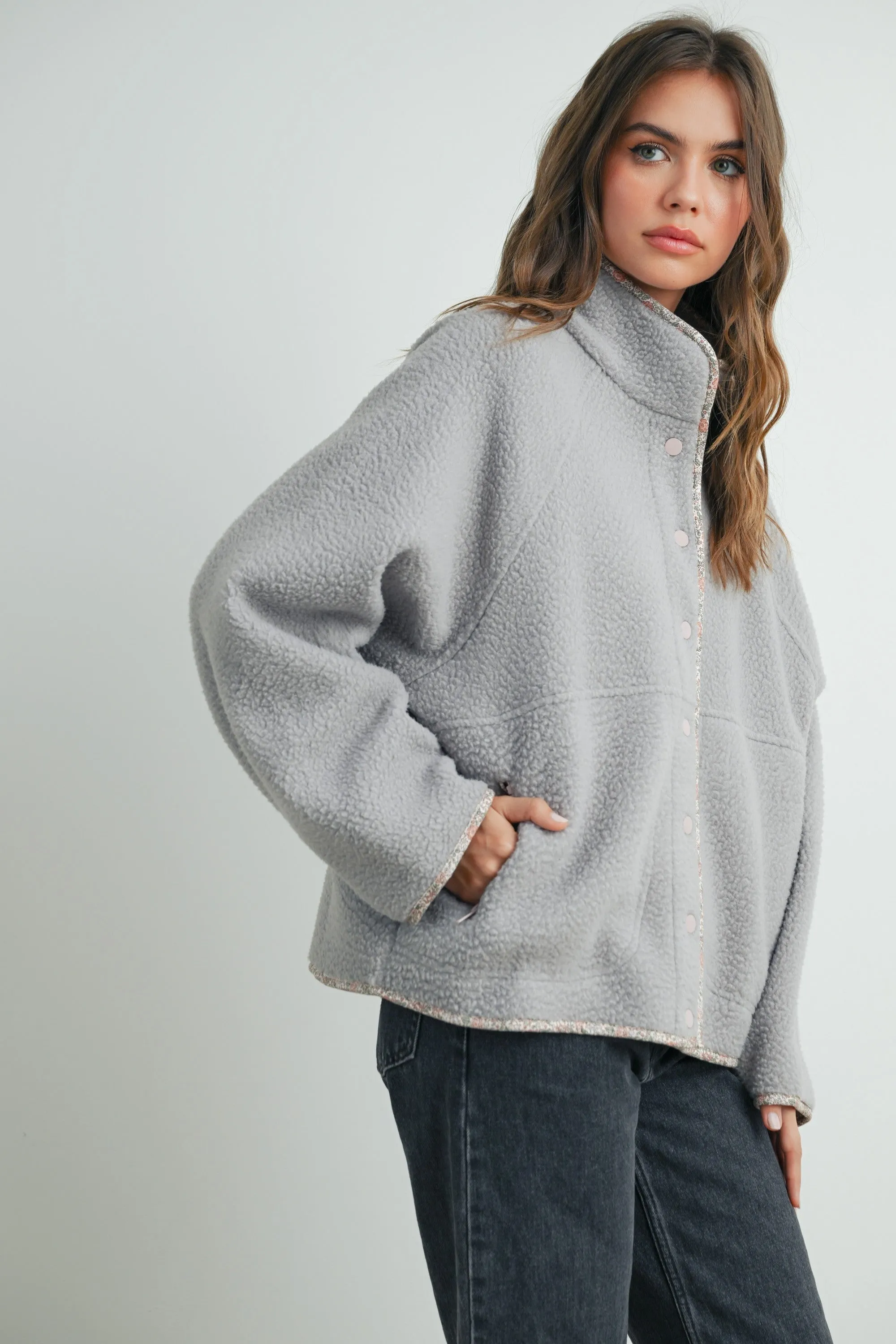 Grey Floral Trim Fleece Snap Button Jacket sold by Pinkblush product image thumbnail 4
