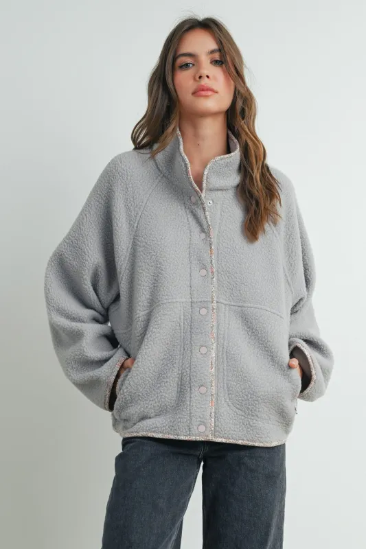 Grey Floral Trim Fleece Snap Button Jacket made by Pinkblush