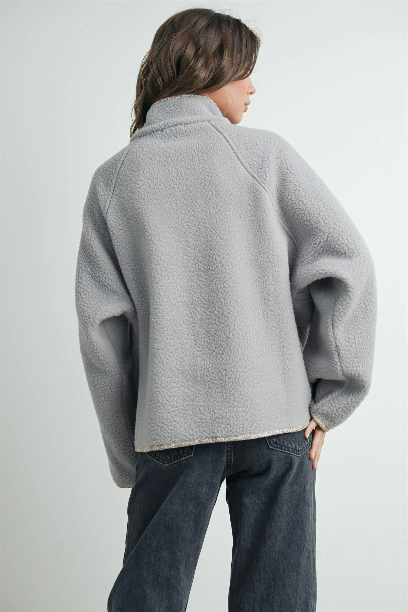 Grey Floral Trim Fleece Snap Button Jacket sold by Pinkblush product image thumbnail 5