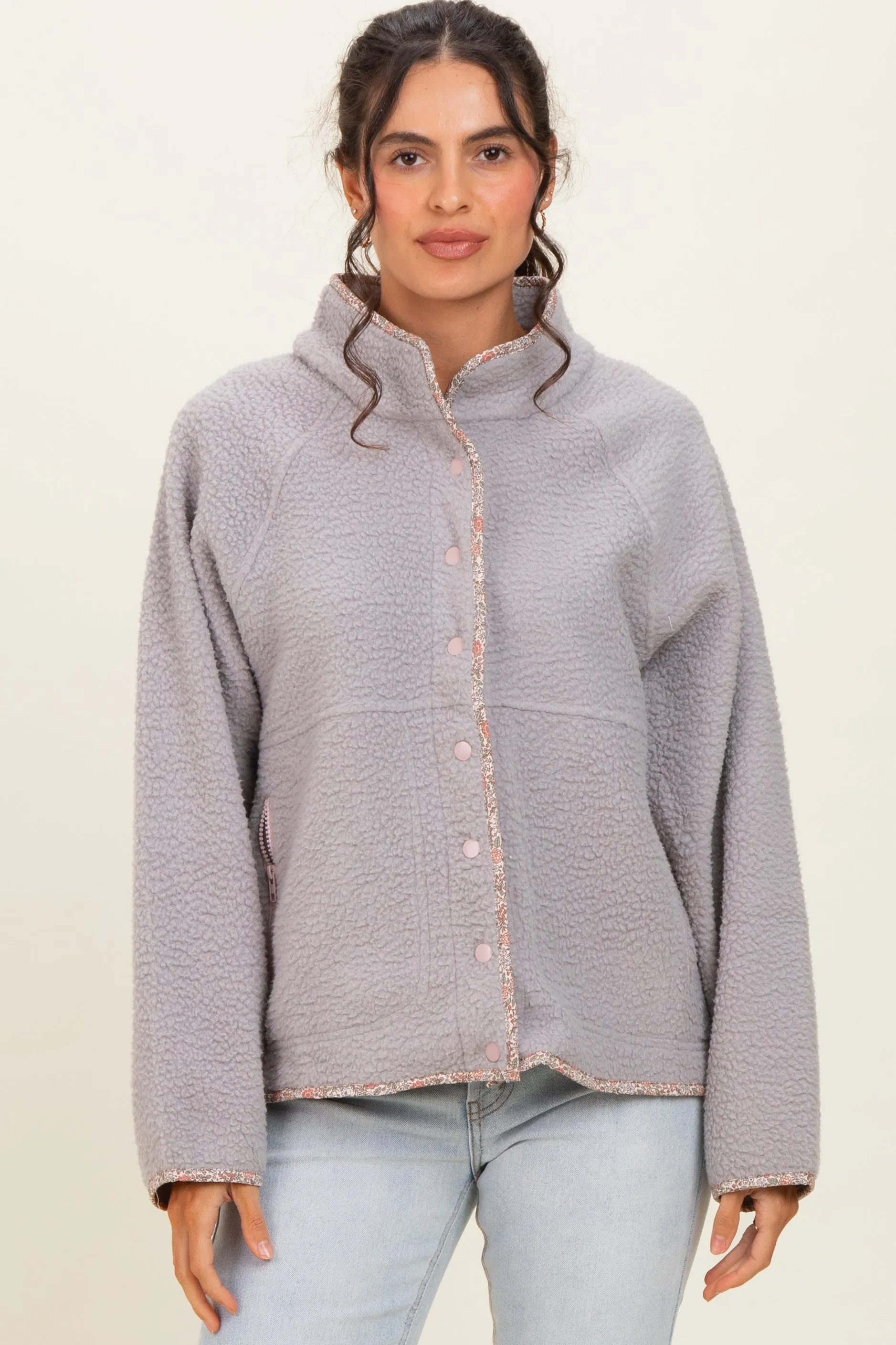 Grey Floral Trim Fleece Snap Button Jacket sold by Pinkblush product image thumbnail 2
