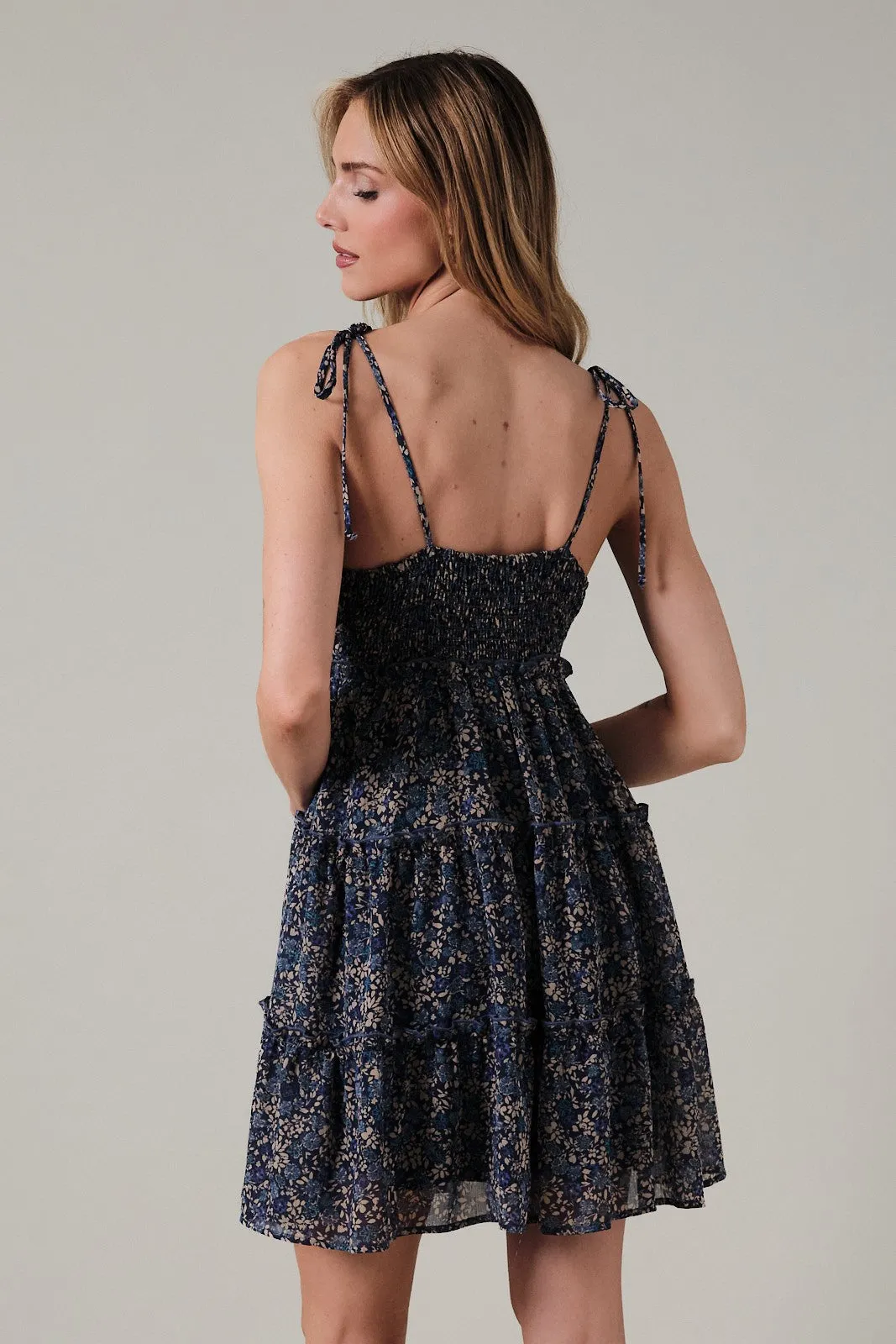 Navy Floral Shoulder Tie Tiered Mini Dress sold by Pinkblush product image thumbnail 3