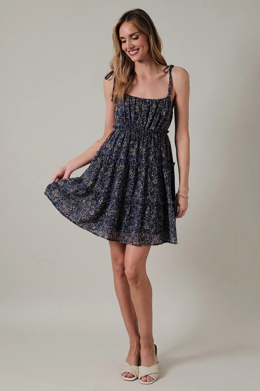 Navy Floral Shoulder Tie Tiered Mini Dress sold by Pinkblush product image thumbnail 4