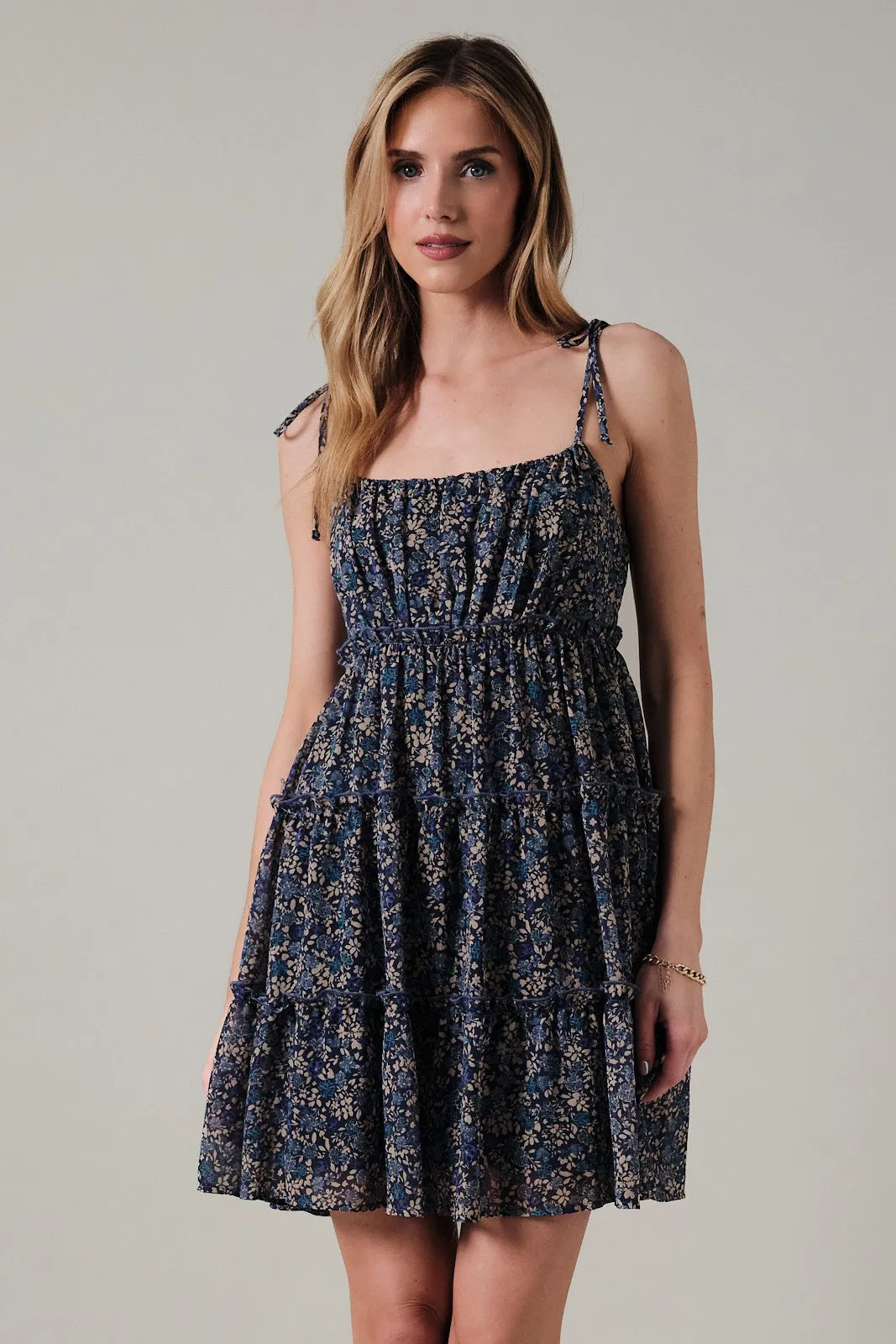 Navy Floral Shoulder Tie Tiered Mini Dress sold by Pinkblush