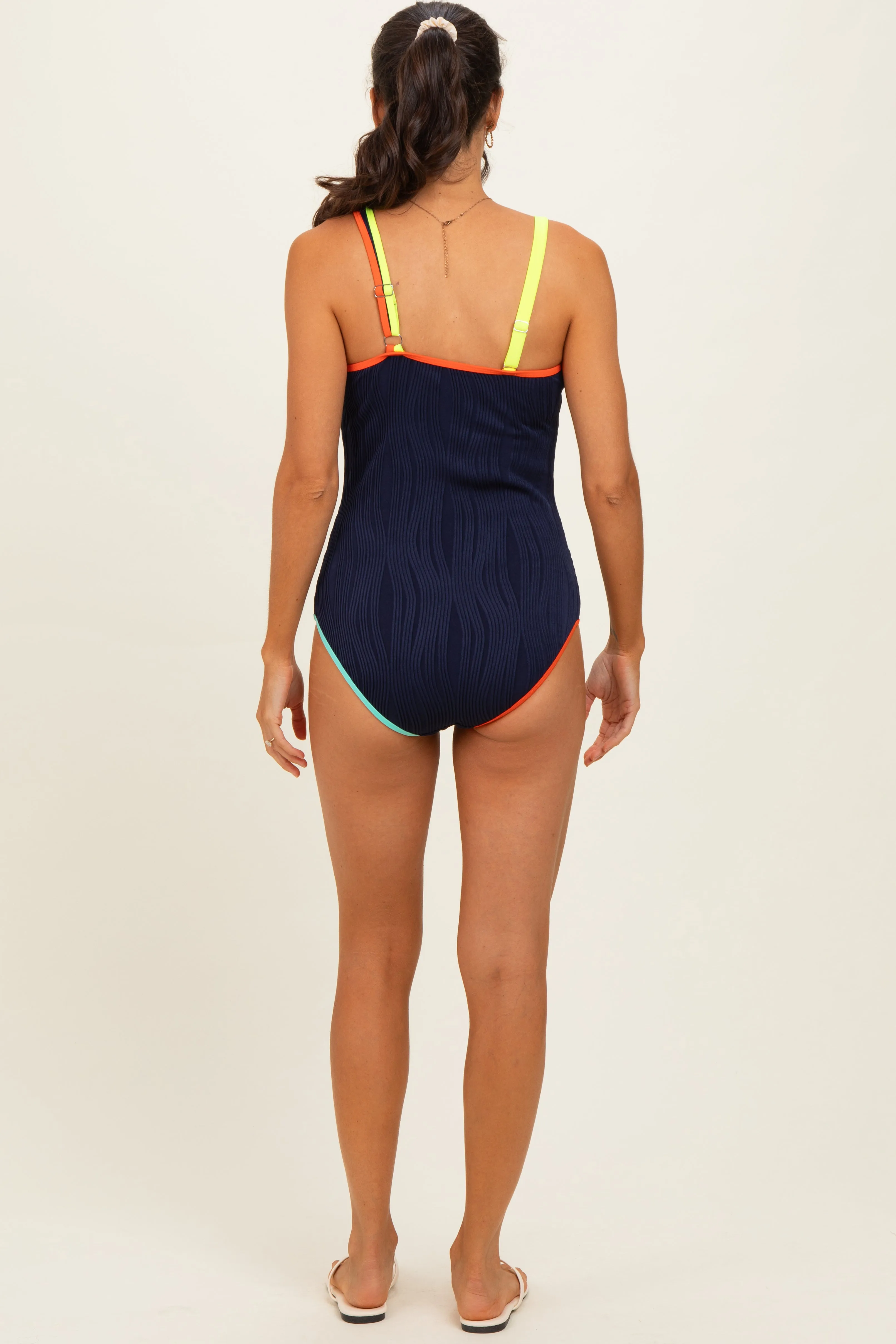 Navy Multicolor Trim One Shoulder One Piece Swimsuit sold by Pinkblush product image thumbnail 4