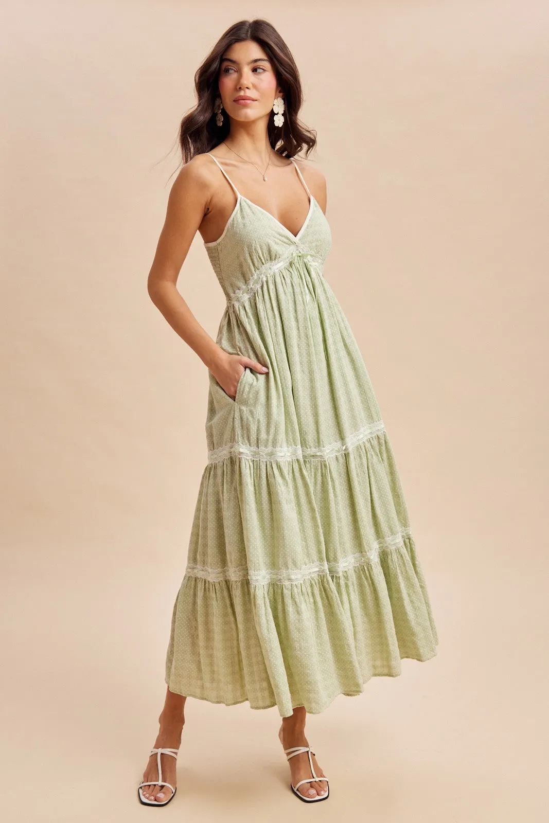 Mint Cream Printed Lace Tiered Maxi Dress sold by Pinkblush
