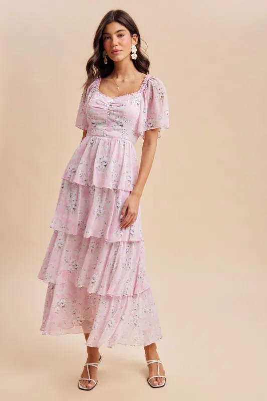 Sweet Pink Floral Flounce Tiered Maxi Dress made by Inloom