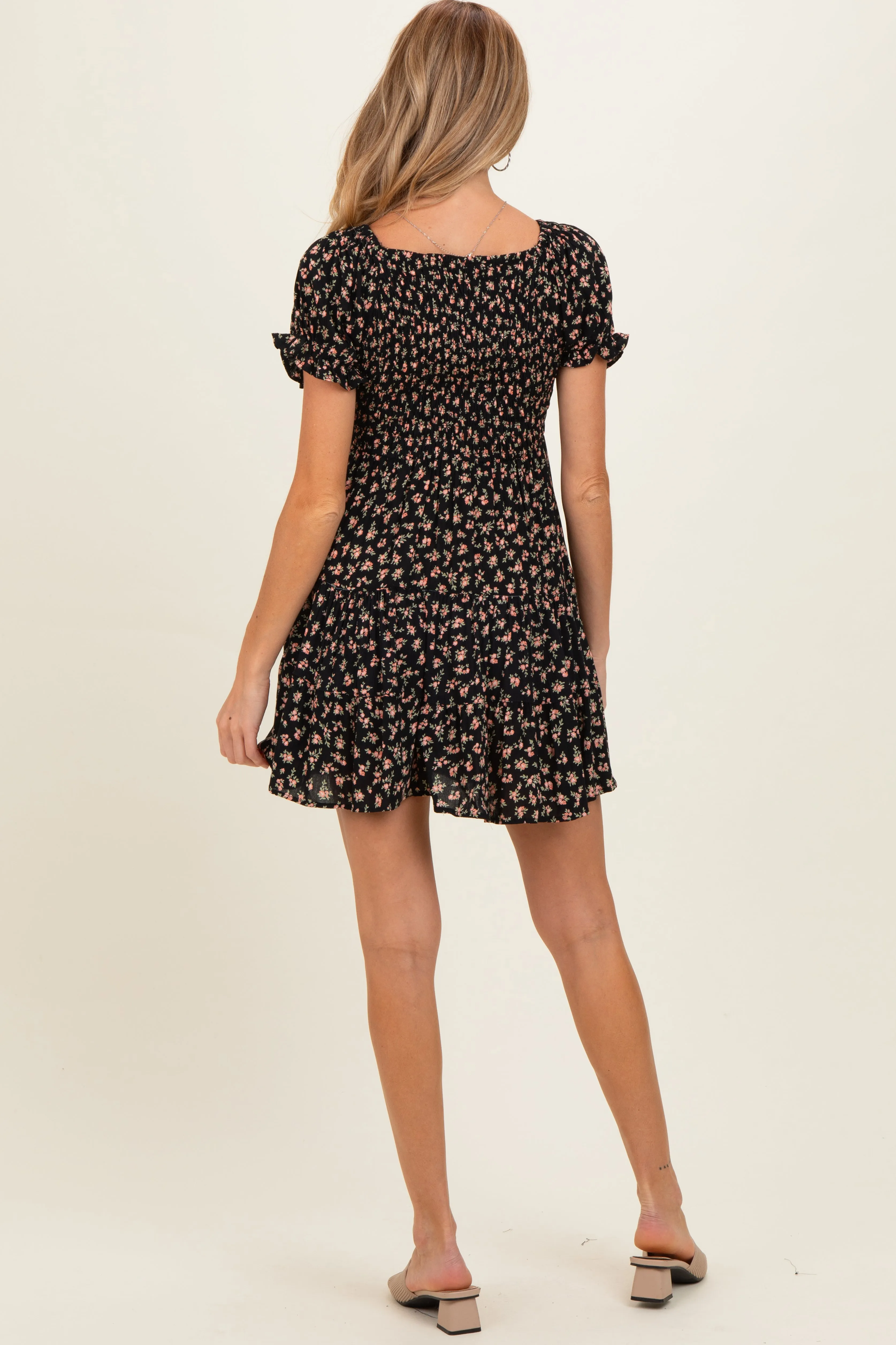 Black Floral Smocked V-Neck Puff Sleeve Maternity Dress sold by Pinkblush product image thumbnail 4