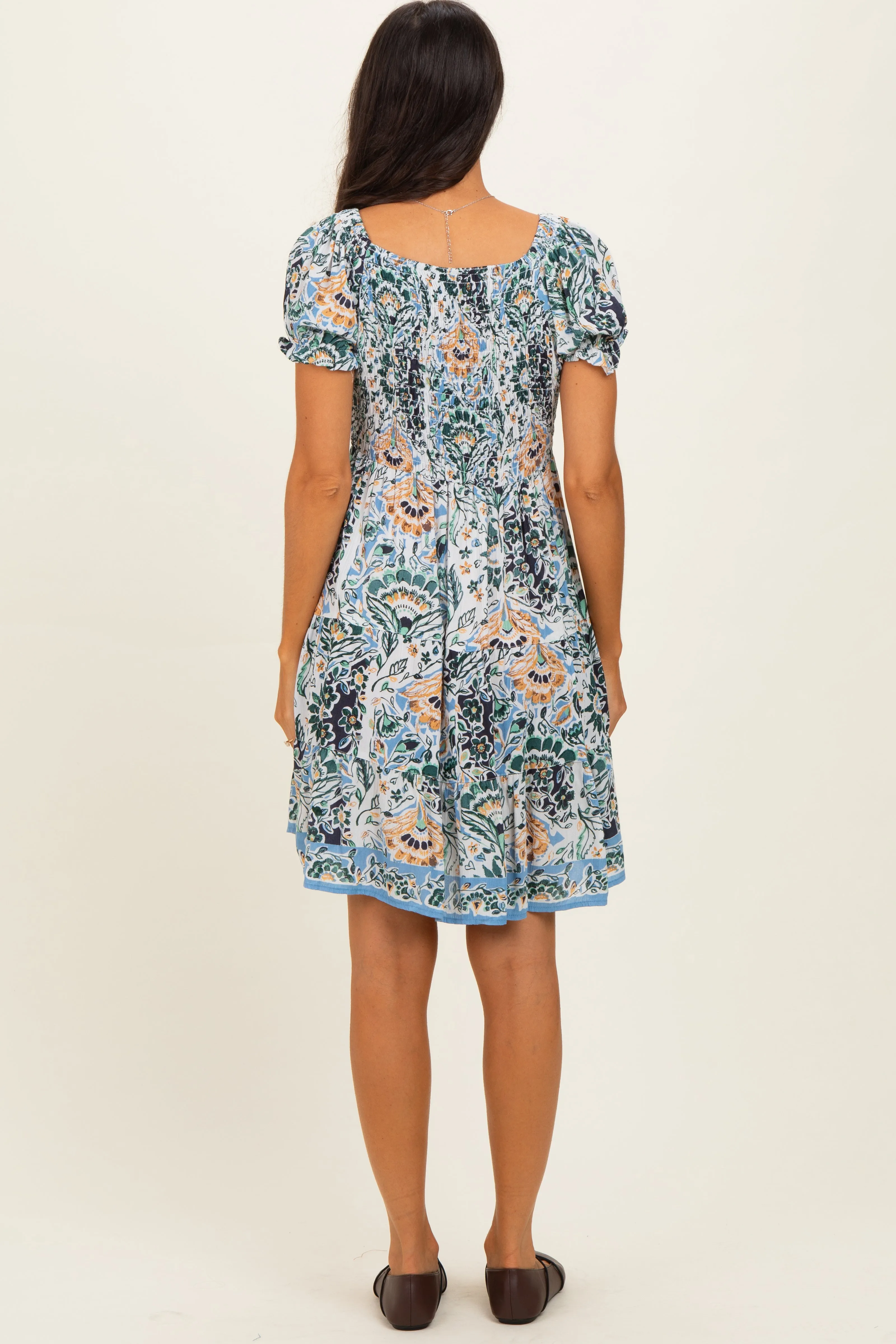 Blue Green Floral Smocked V-Neck Puff Sleeve Dress sold by Pinkblush product image thumbnail 3