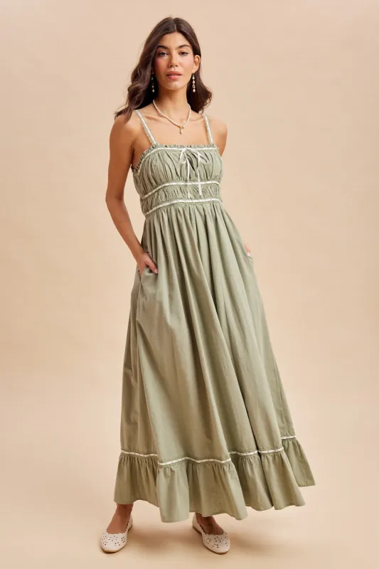 Light Olive Lace Ribbon Detail Maxi Dress made by Inloom