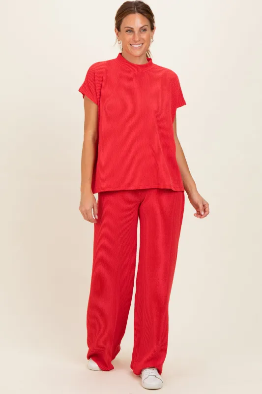 Red Textured Rib Mock Neck Short Sleeve Pant Set made by Zenana Outfitters