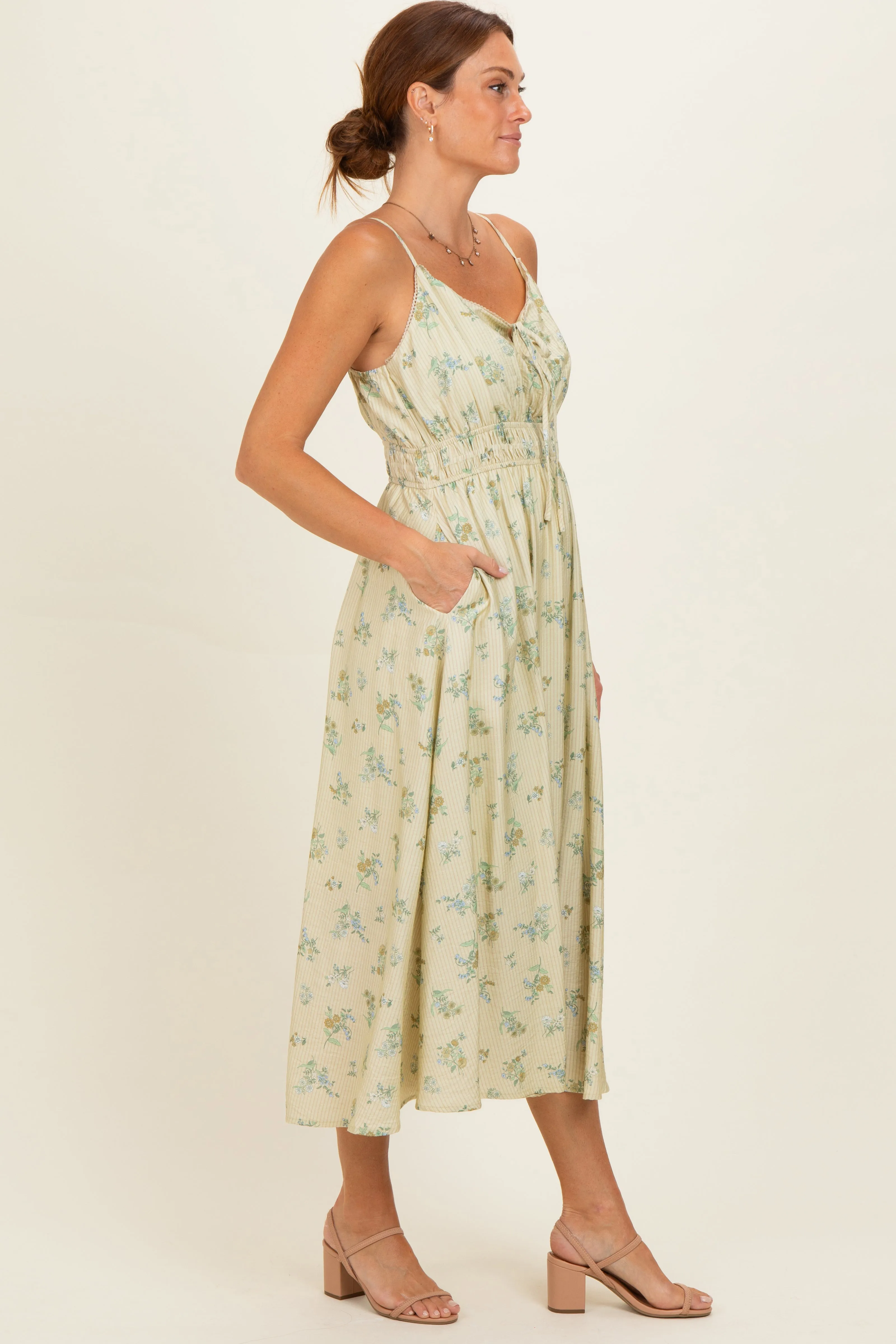 Cream Striped Floral Smocked Waist Midi Dress sold by Pinkblush product image thumbnail 2