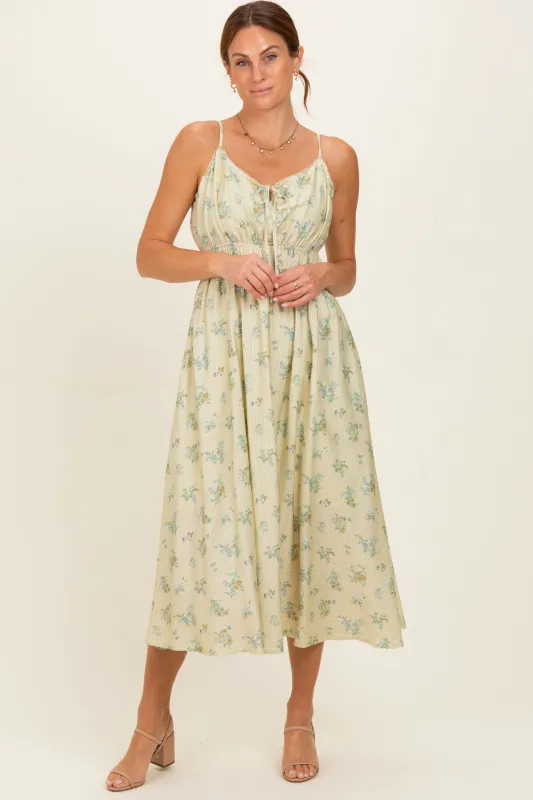 Cream Striped Floral Smocked Waist Midi Dress made by Aakaa
