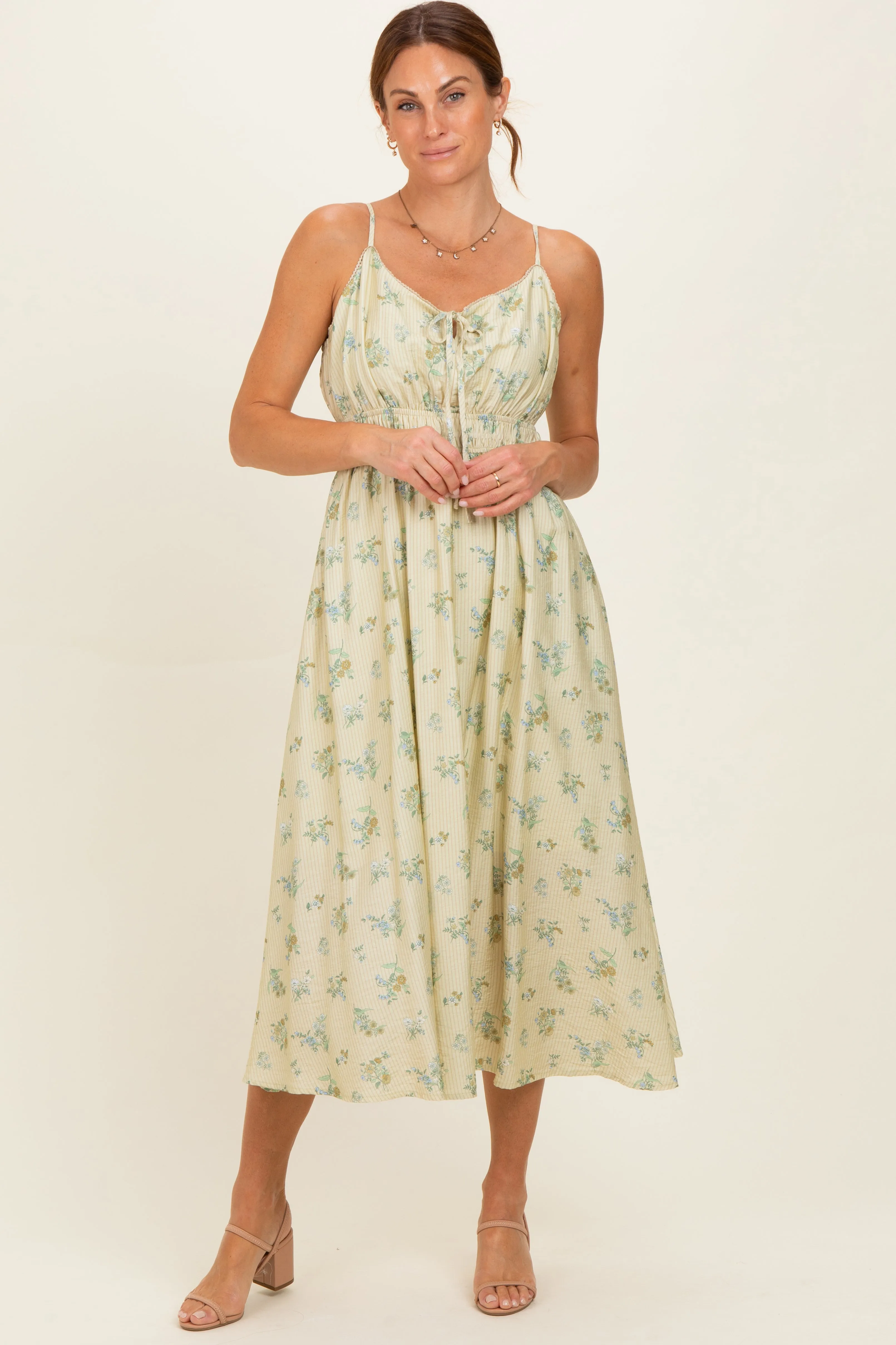 Cream Striped Floral Smocked Waist Midi Dress sold by Pinkblush