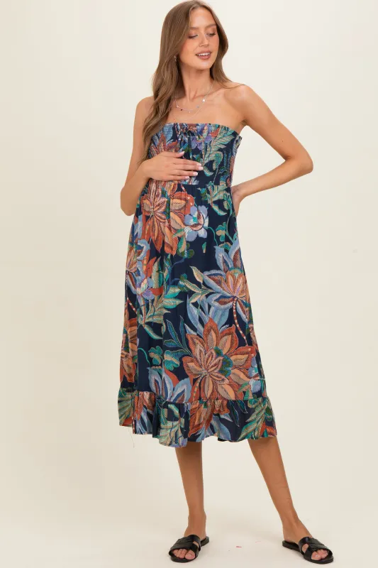 Navy Smocked Bodice Strapless Printed Maternity Midi Dress made by Angie