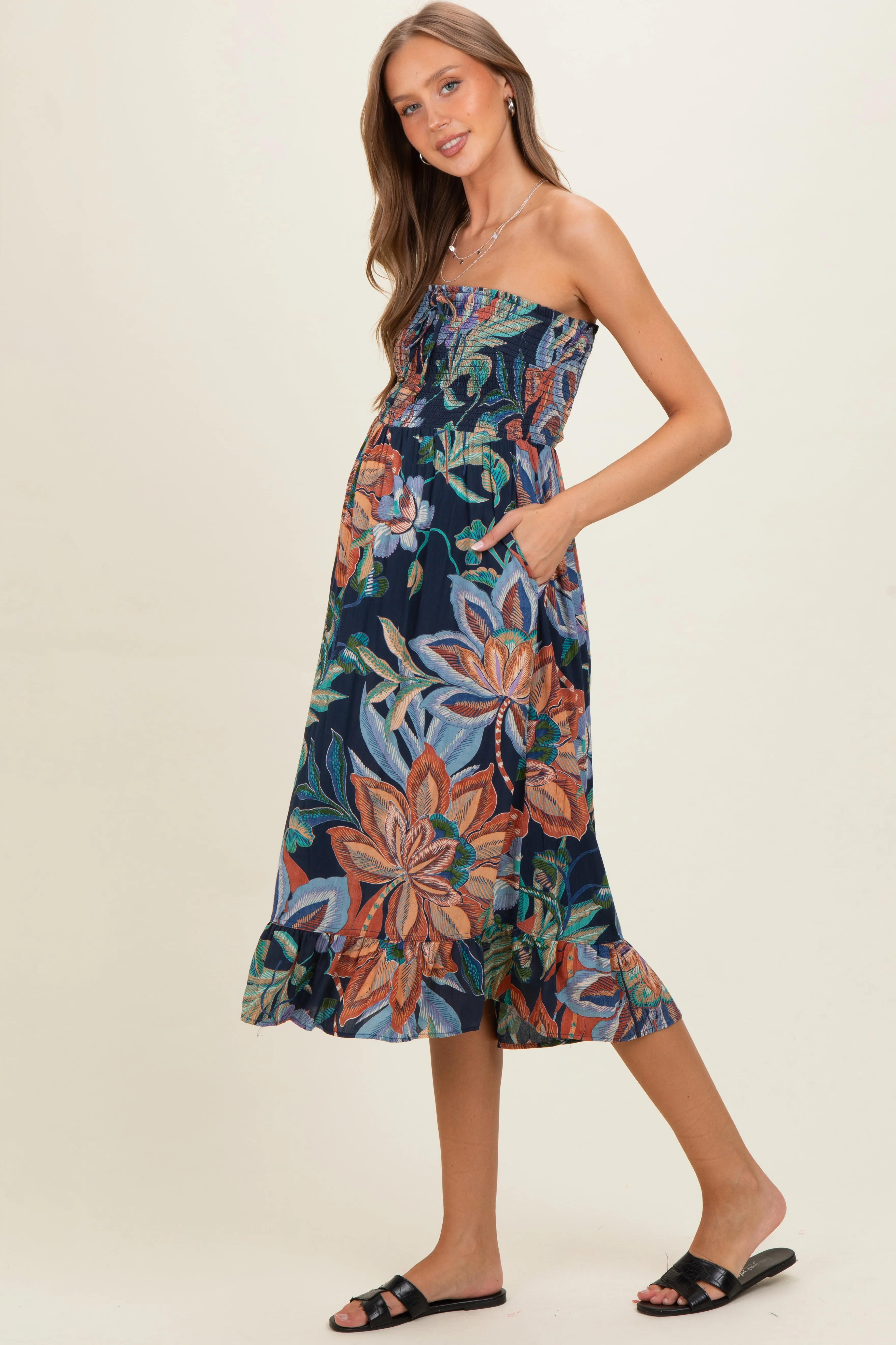 Navy Smocked Bodice Strapless Printed Maternity Midi Dress sold by Pinkblush product image thumbnail 2