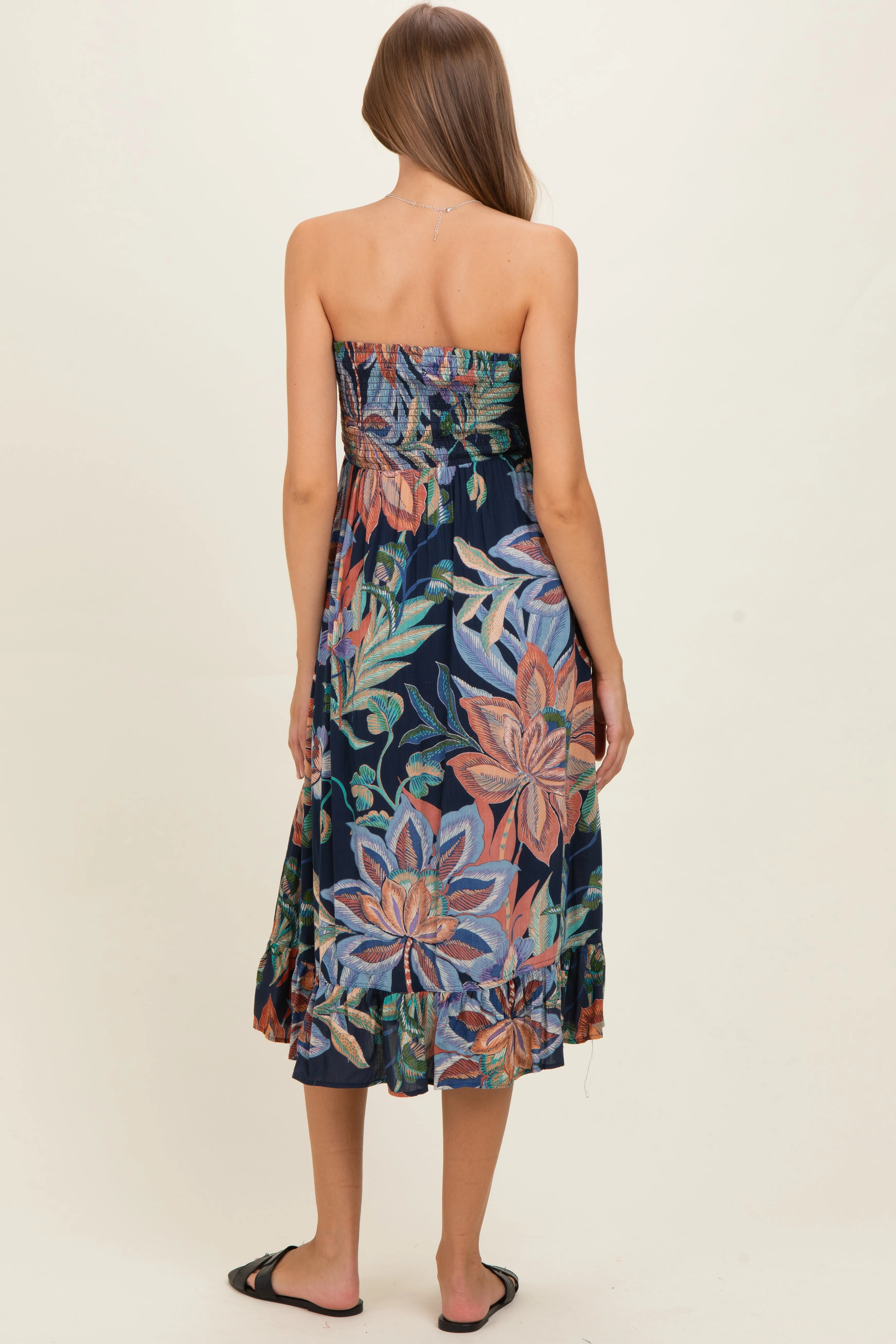 Navy Smocked Bodice Strapless Printed Maternity Midi Dress sold by Pinkblush product image thumbnail 3