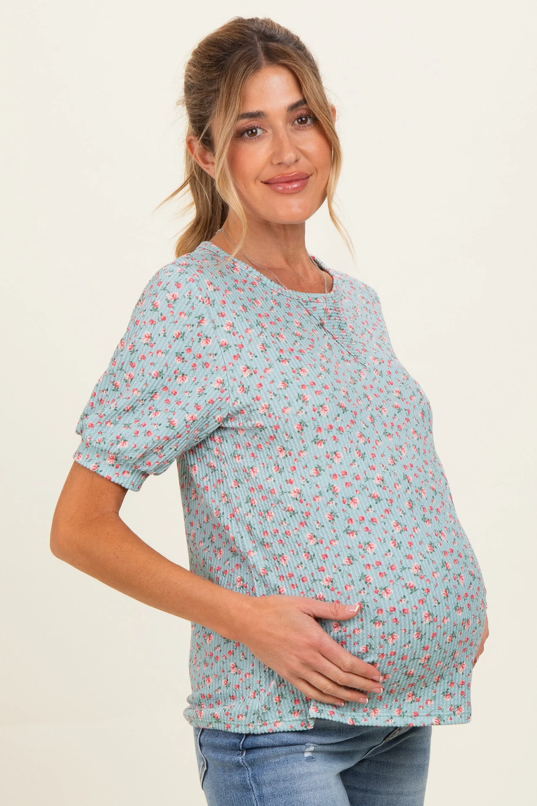 Taupe Ribbed Ditsy Floral Puff Sleeve Maternity Top sold by Pinkblush product image thumbnail 3