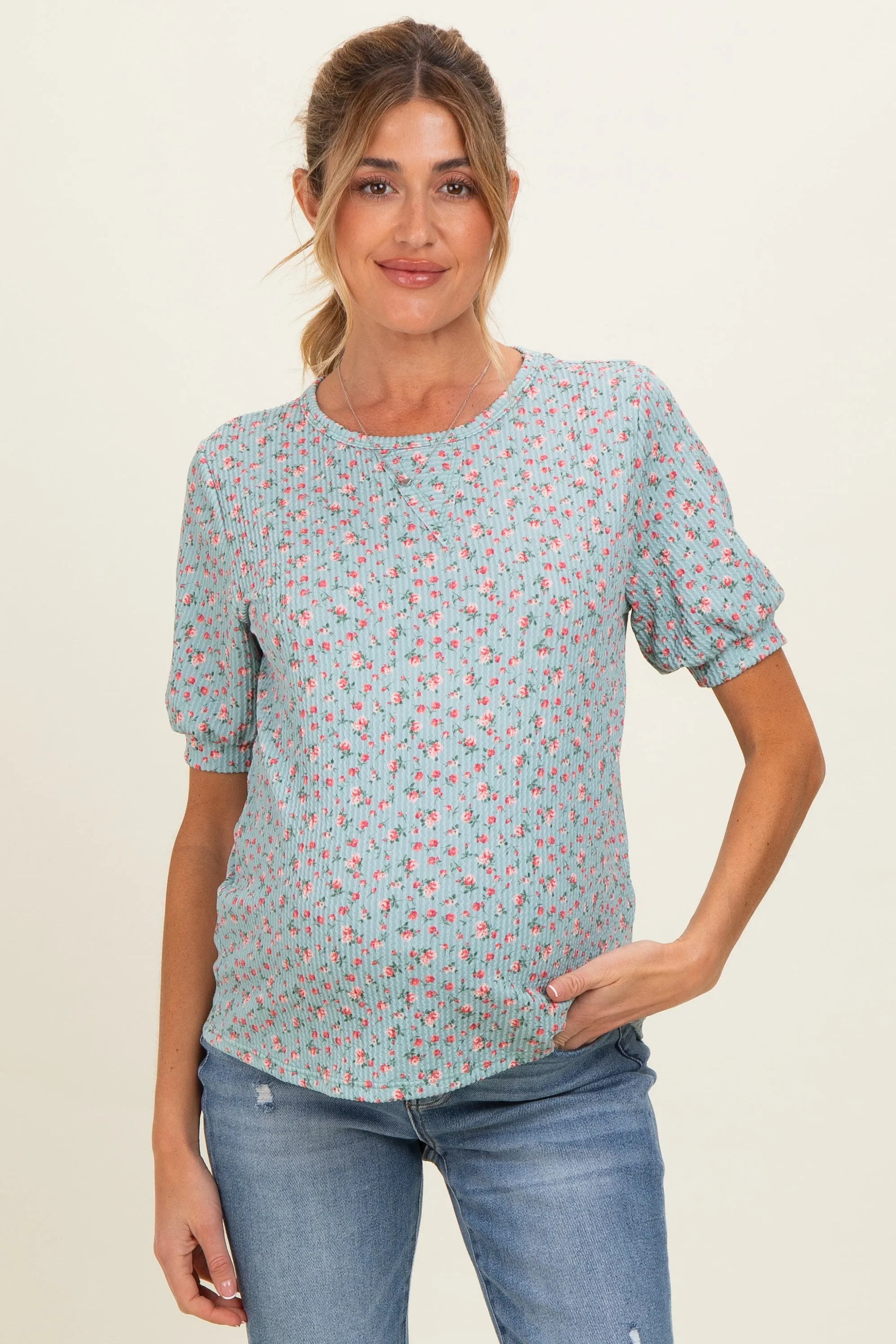 Taupe Ribbed Ditsy Floral Puff Sleeve Maternity Top sold by Pinkblush