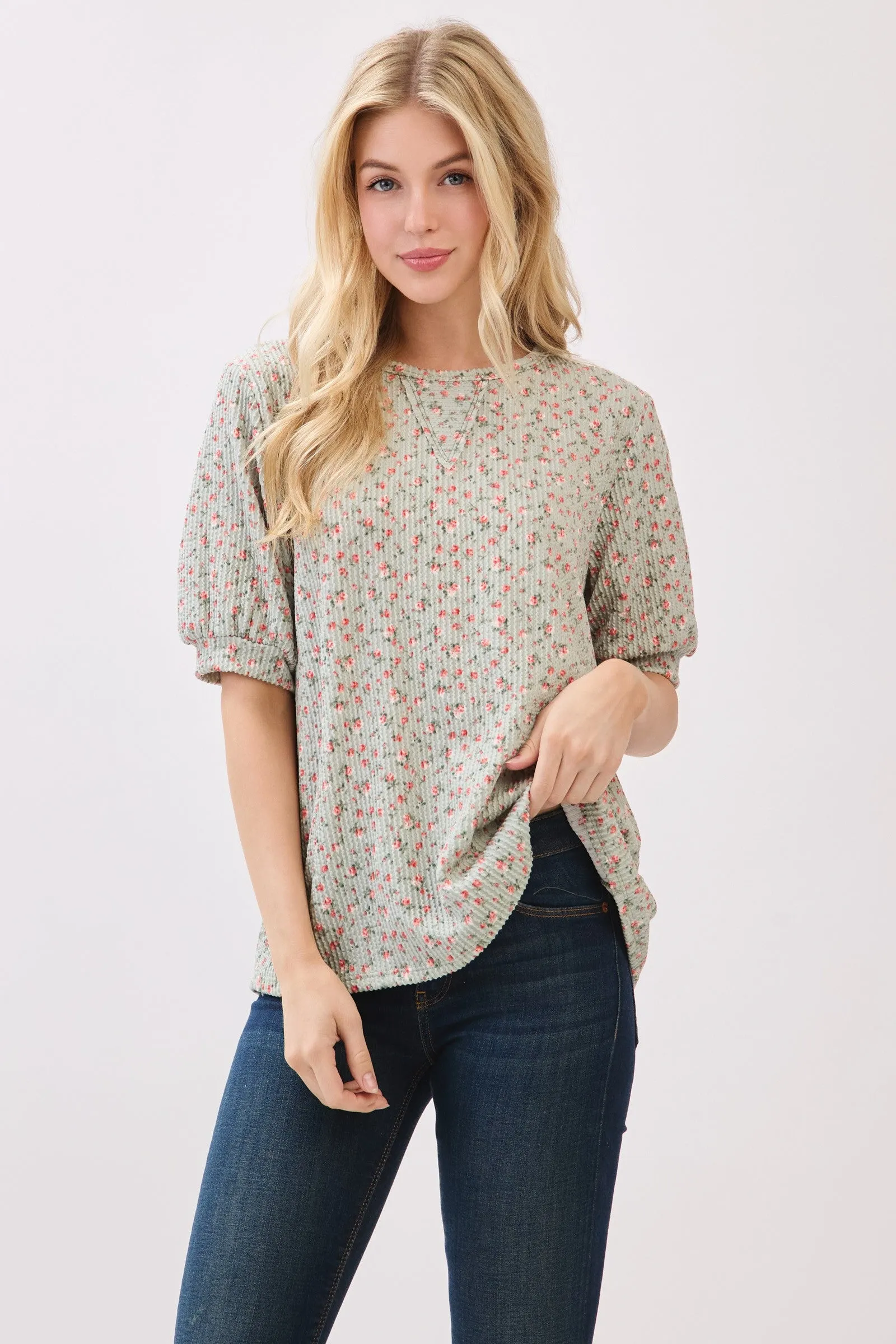 Taupe Ribbed Ditsy Floral Puff Sleeve Maternity Top sold by Pinkblush product image thumbnail 5