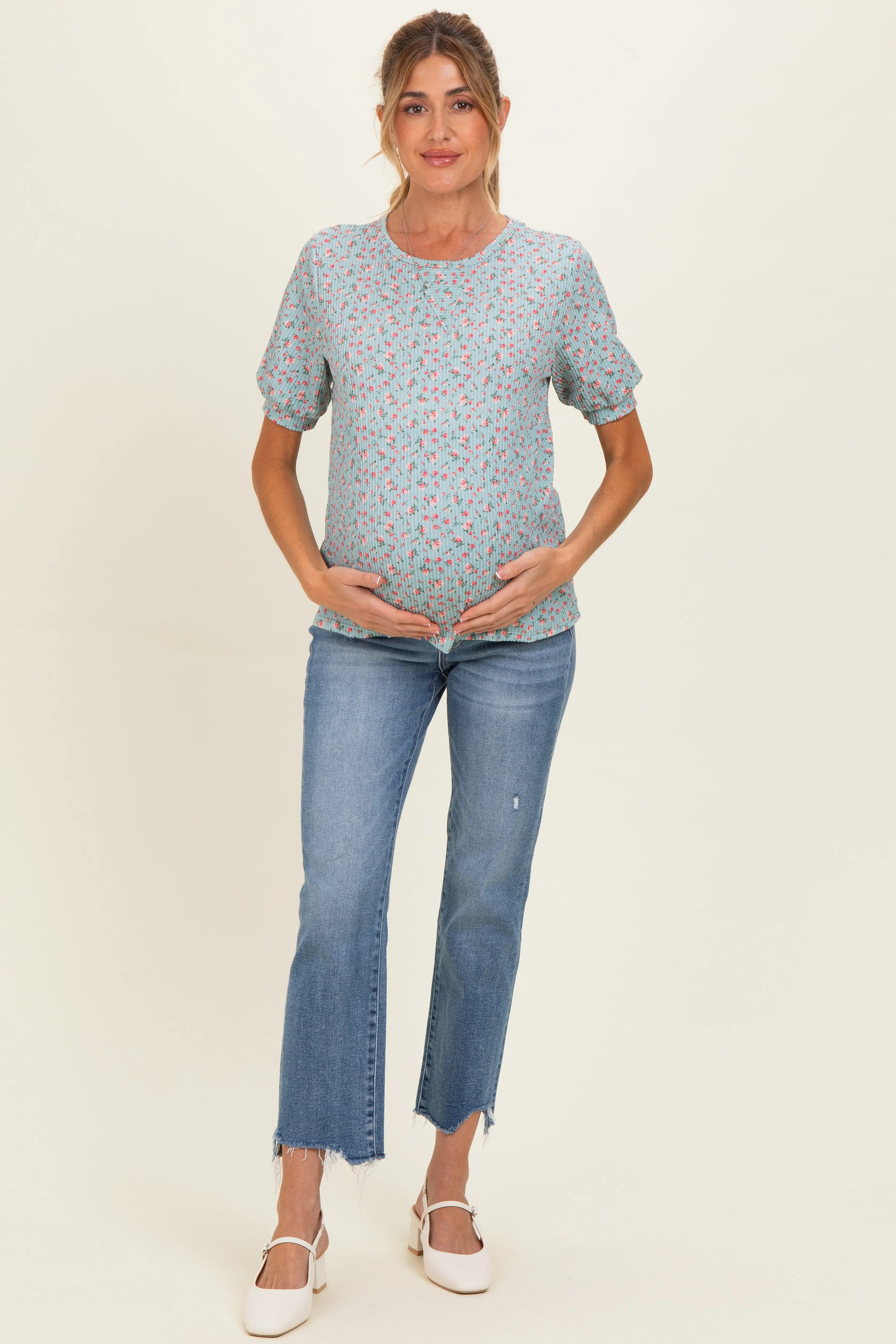 Taupe Ribbed Ditsy Floral Puff Sleeve Maternity Top sold by Pinkblush product image thumbnail 2