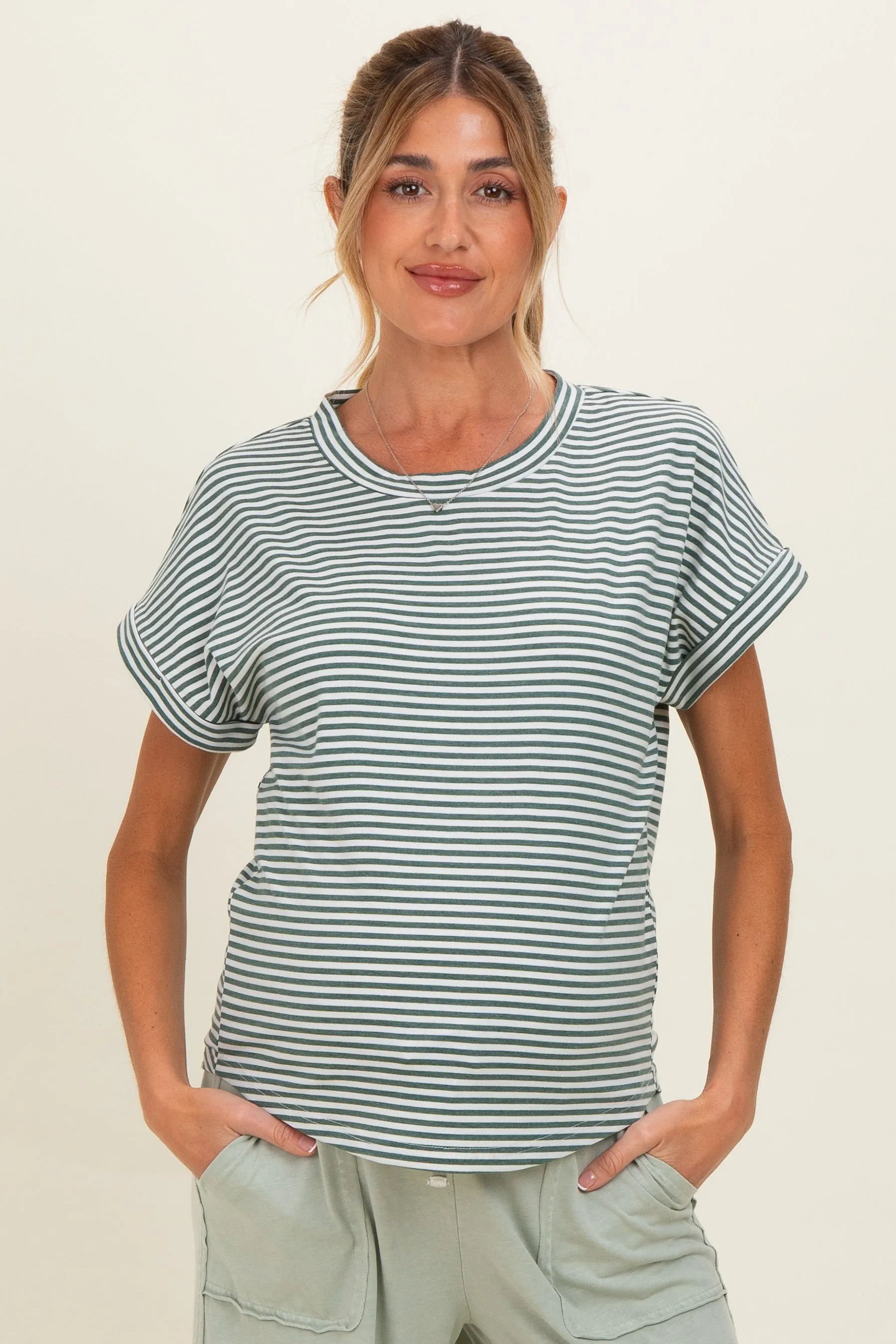 Green Striped Short Sleeve Maternity Top sold by Pinkblush