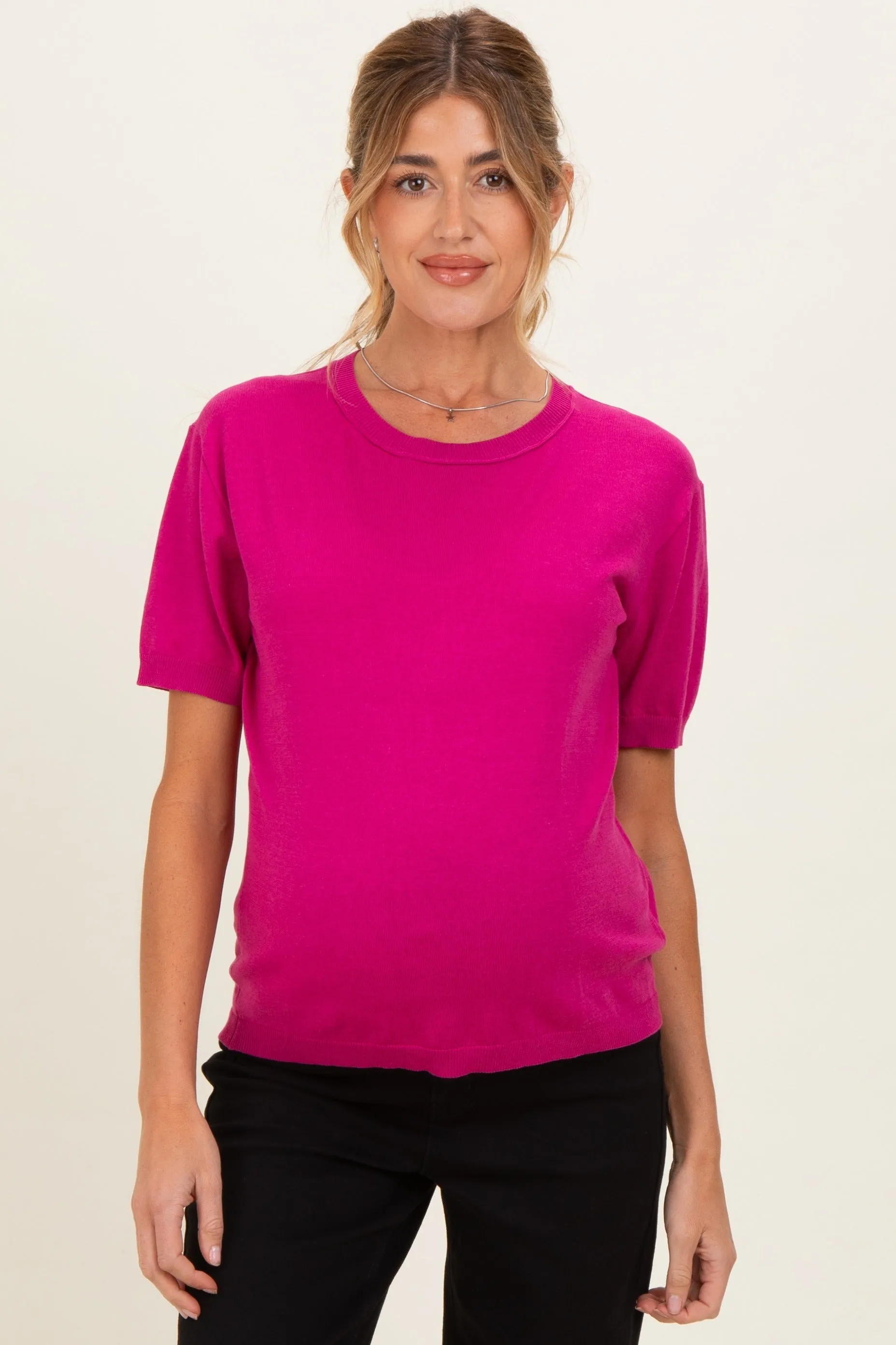 Magenta Short Sleeve Basic Knit Maternity Top sold by Pinkblush