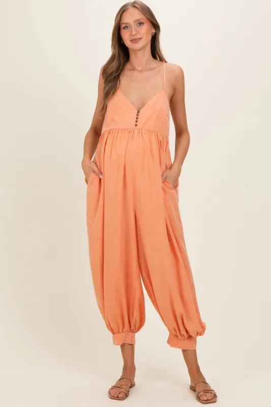 Apricot Mineral Wash Sleeveless V-Neck Maternity Jumpsuit made by Pinkblush