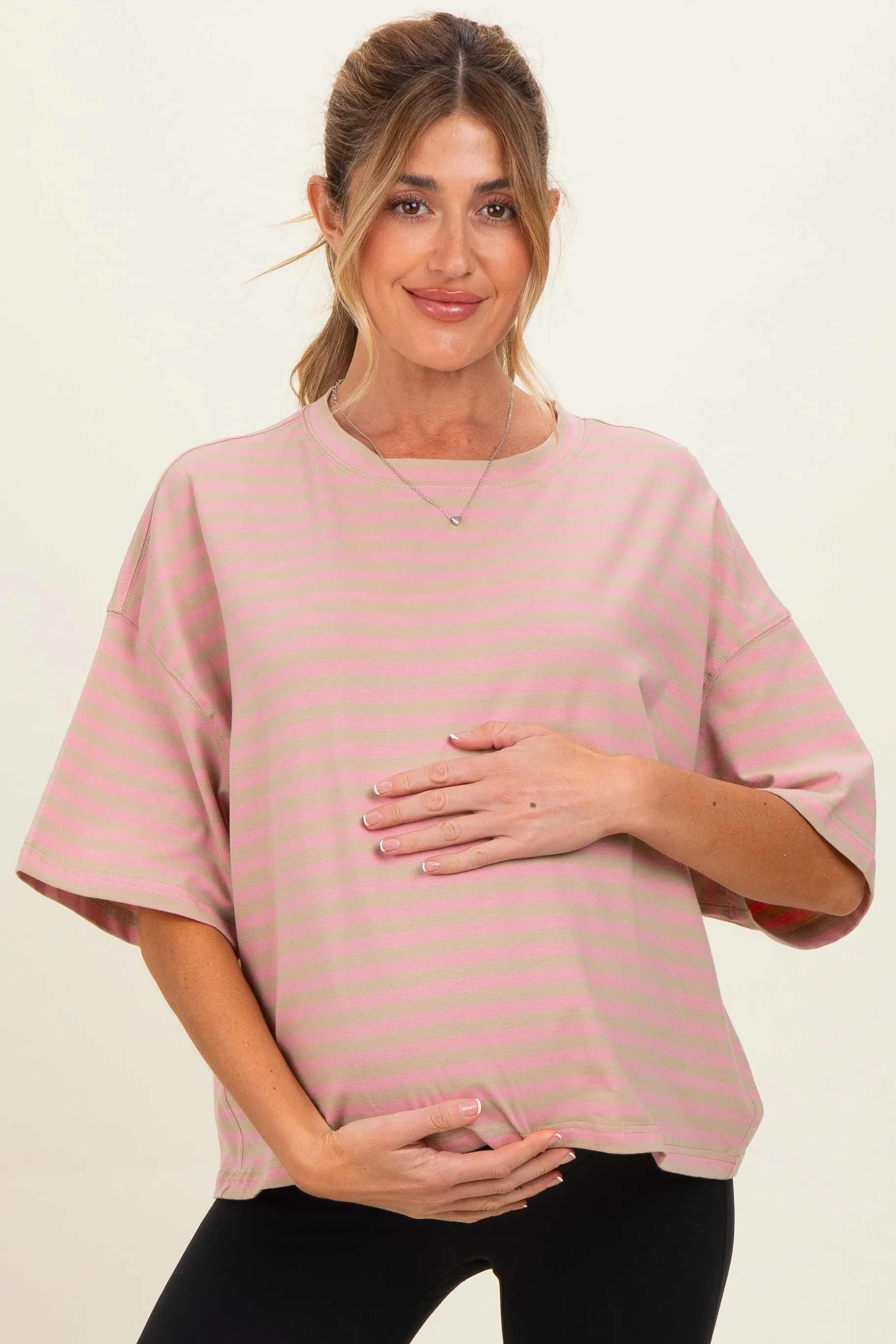 Oat Oversized Striped Maternity Boyfriend Tee sold by Pinkblush product image thumbnail 2