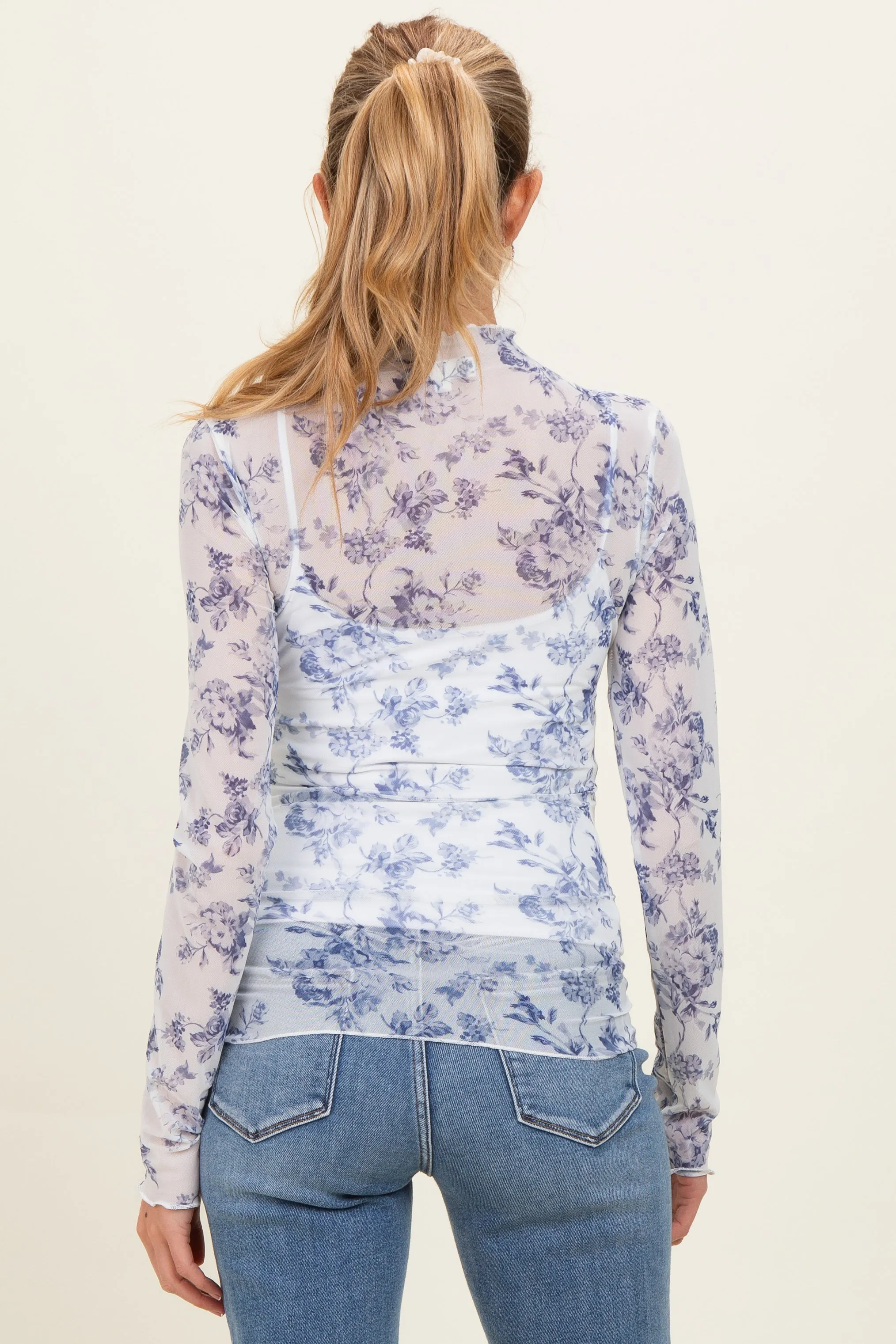 Blue Floral Sheer Mesh High Neckline Maternity Top sold by Pinkblush product image thumbnail 4