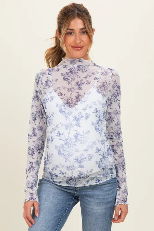 Blue Floral Sheer Mesh High Neckline Maternity Top made by Pinkblush