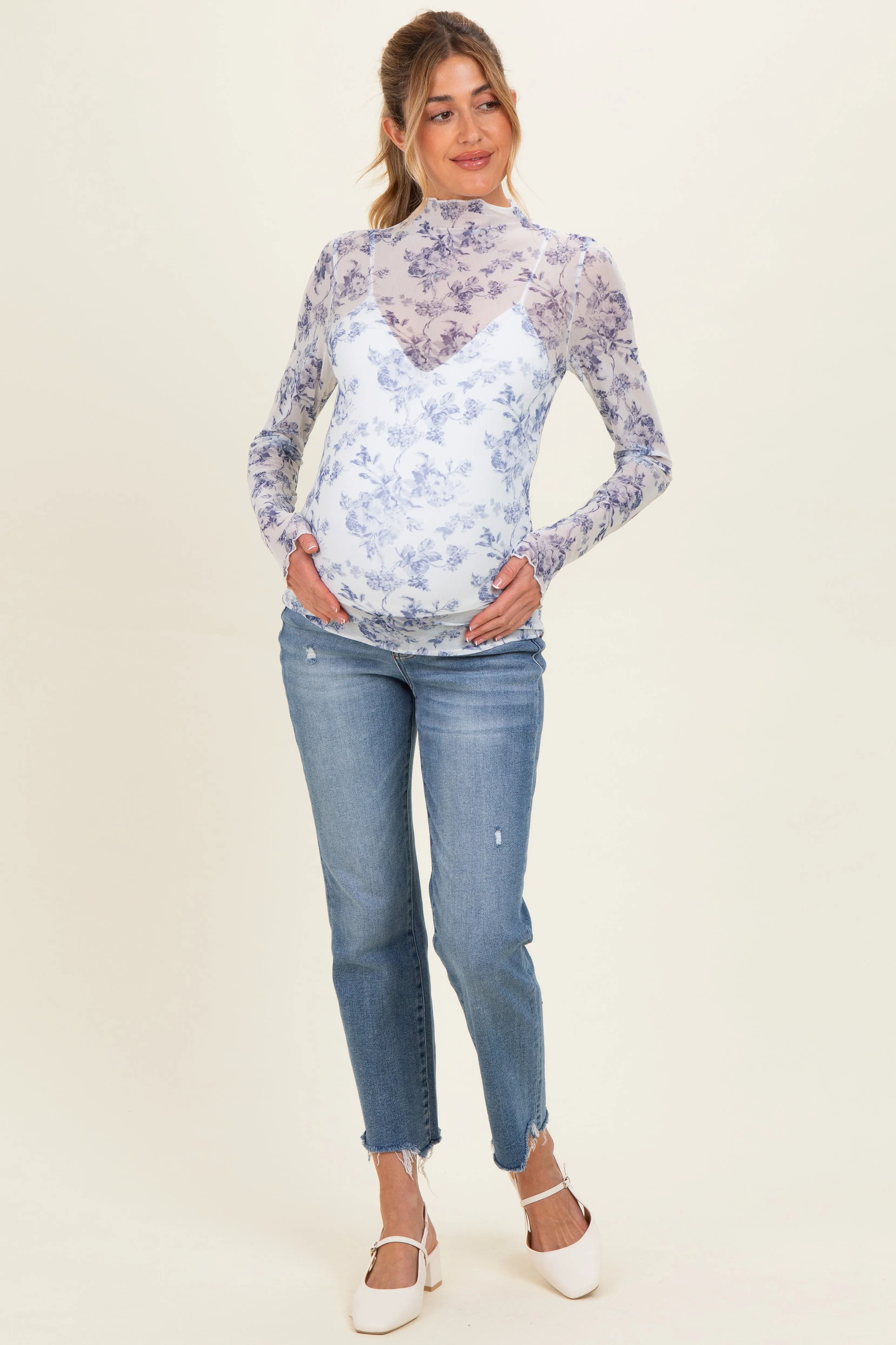 Blue Floral Sheer Mesh High Neckline Maternity Top sold by Pinkblush product image thumbnail 2