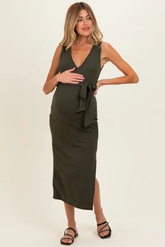 Olive Sleeveless Wrap Maternity Midi Dress made by Pinkblush
