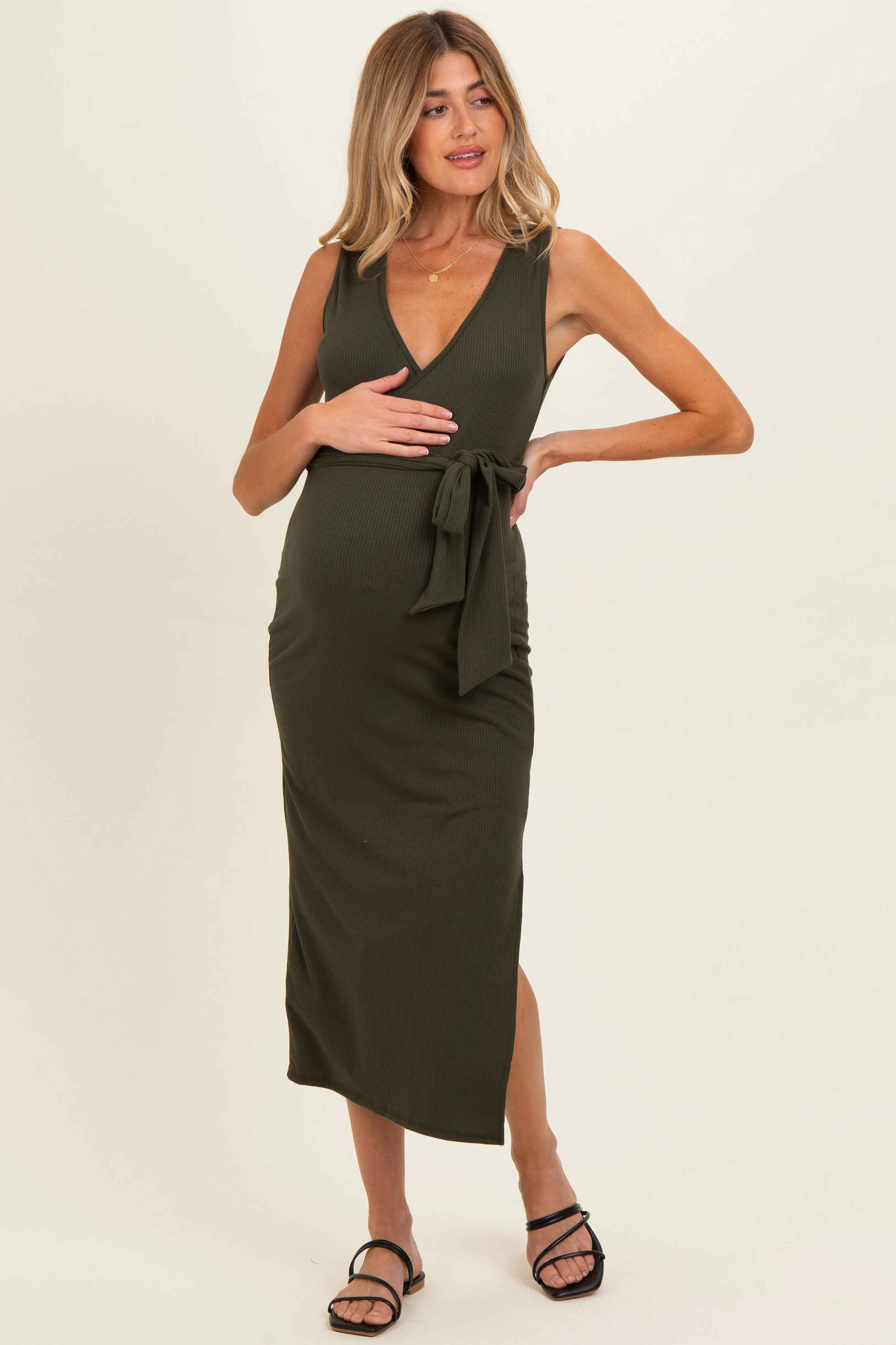 Olive Sleeveless Wrap Maternity Midi Dress sold by Pinkblush